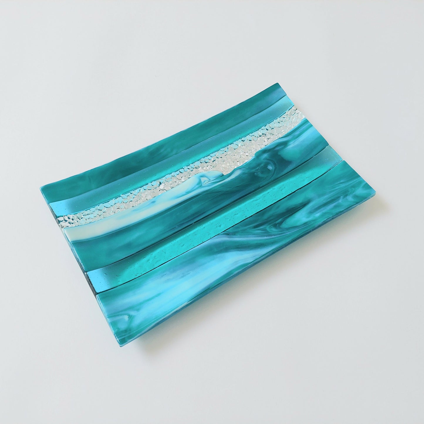 Teal and Aqua Glass Art Plate, Handmade Textured Fused Glass Decorative Tray, Artisan Teal Coffee Table Centrepiece, Beach House Décor