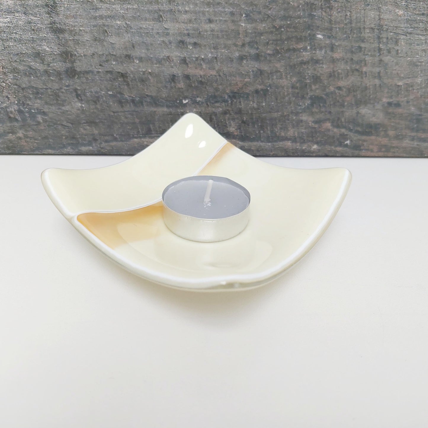 Cream and Gold Glass Art Trinket Dish, Handmade Bedside Table Jewelry Bowl, Small Artisanal Fused Glass Soap Dish, Cream Bathroom Décor