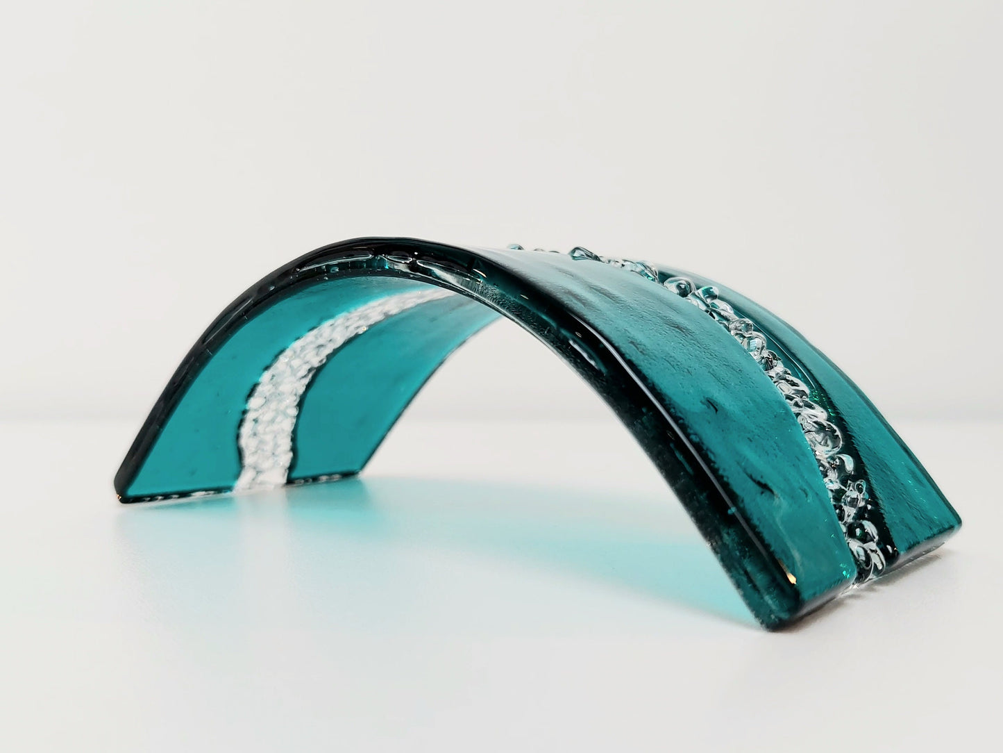 Abstract Teal Glass Art Curve, Handmade Fused Glass Ornament, Contemporary Home Decor, Freestanding Teal Glass Art Suncatcher, Candle Screen