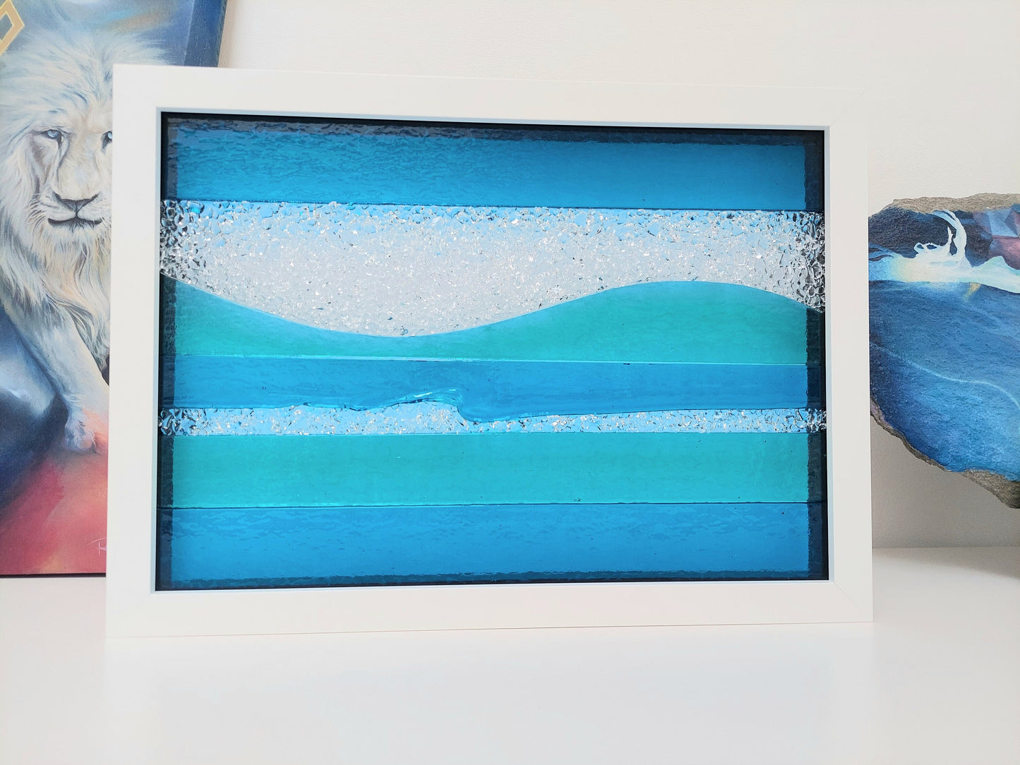 Summer in Keswick Glass Art Framed Picture, Large Handmade Aqua and Turquoise Fused Glass Artisan Picture, Glass Wall Art, Beach House Décor