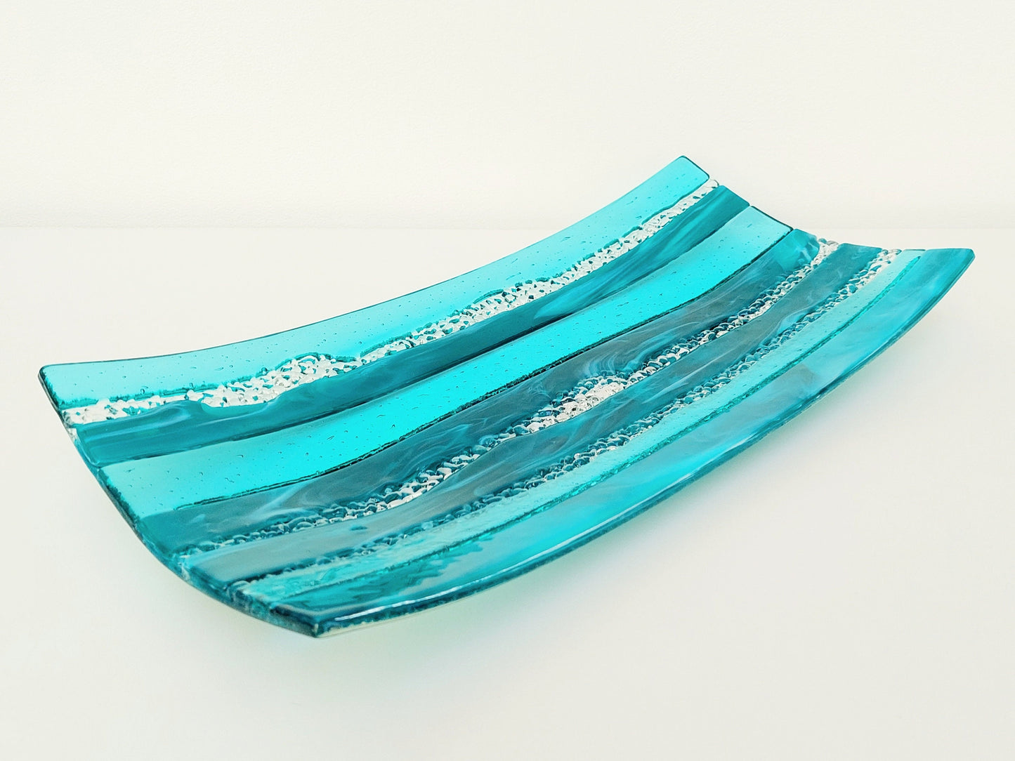 Large Teal Glass Art Plate, Handmade Teal and Aqua Fused Glass Decorative Tray, Teal Living Room Décor, Artisanal Coffee Table Centrepiece