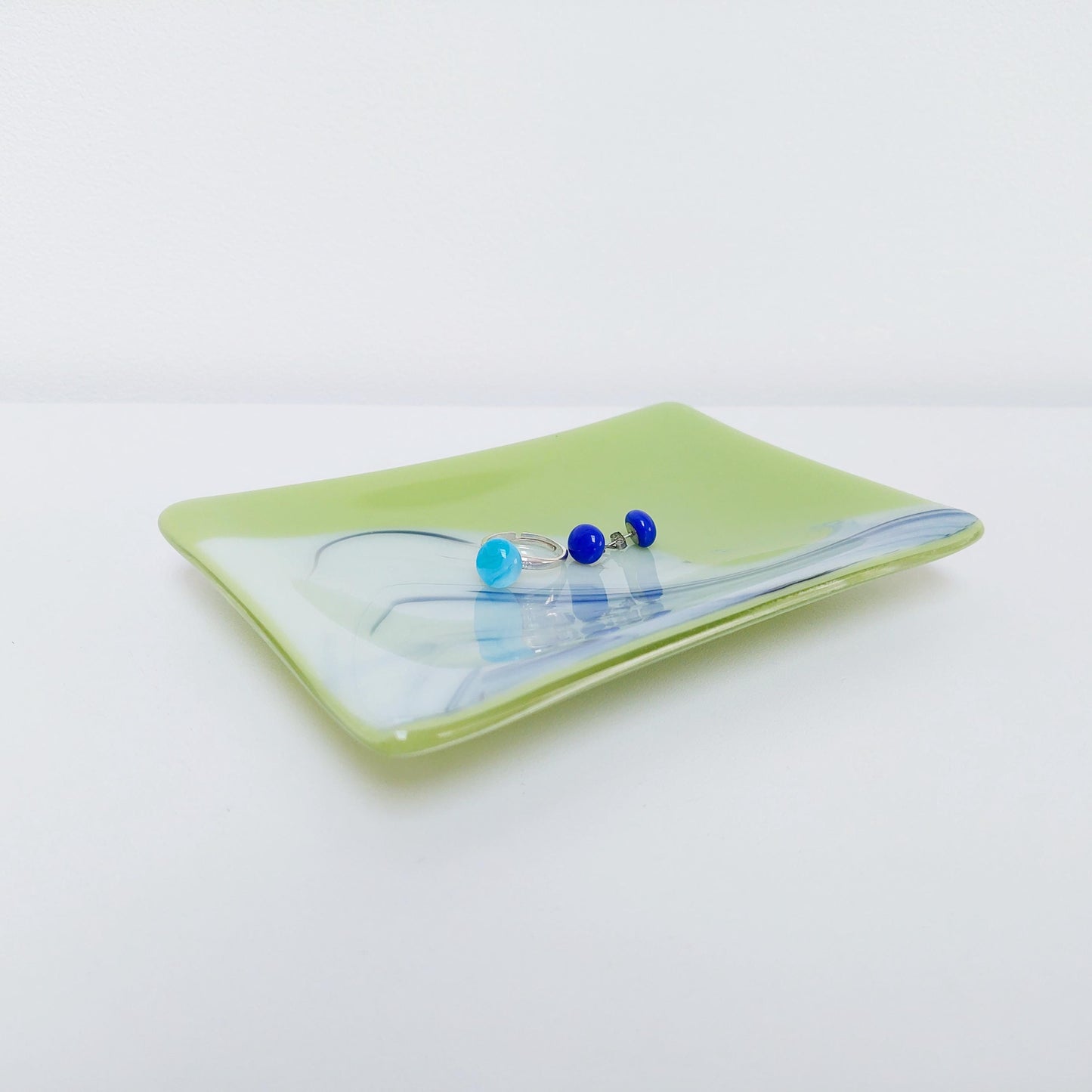 Lime Graffiti Glass Trinket Dish, Handcrafted Green Fused Glass Art Dish with an Abstract Royal Blue and White Design, Lime Green Décor