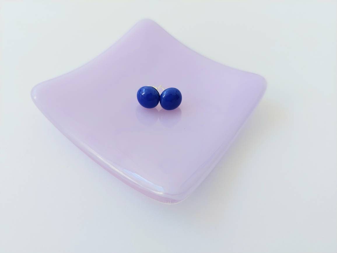 Cobalt Blue Glass Stud Earrings, Handmade Dark Blue Fused Glass Studs with 925 Sterling Silver Posts and Butterflies, Elegant Blue Earrings