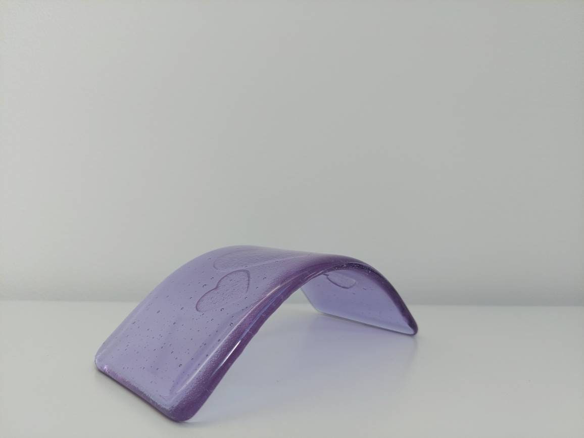 Lilac Glass Heart Ornament, Handmade Light Purple Fused Glass Curve with a Trio of Kiln Carved Hearts, Lilac Bedroom Décor, Gift for Her