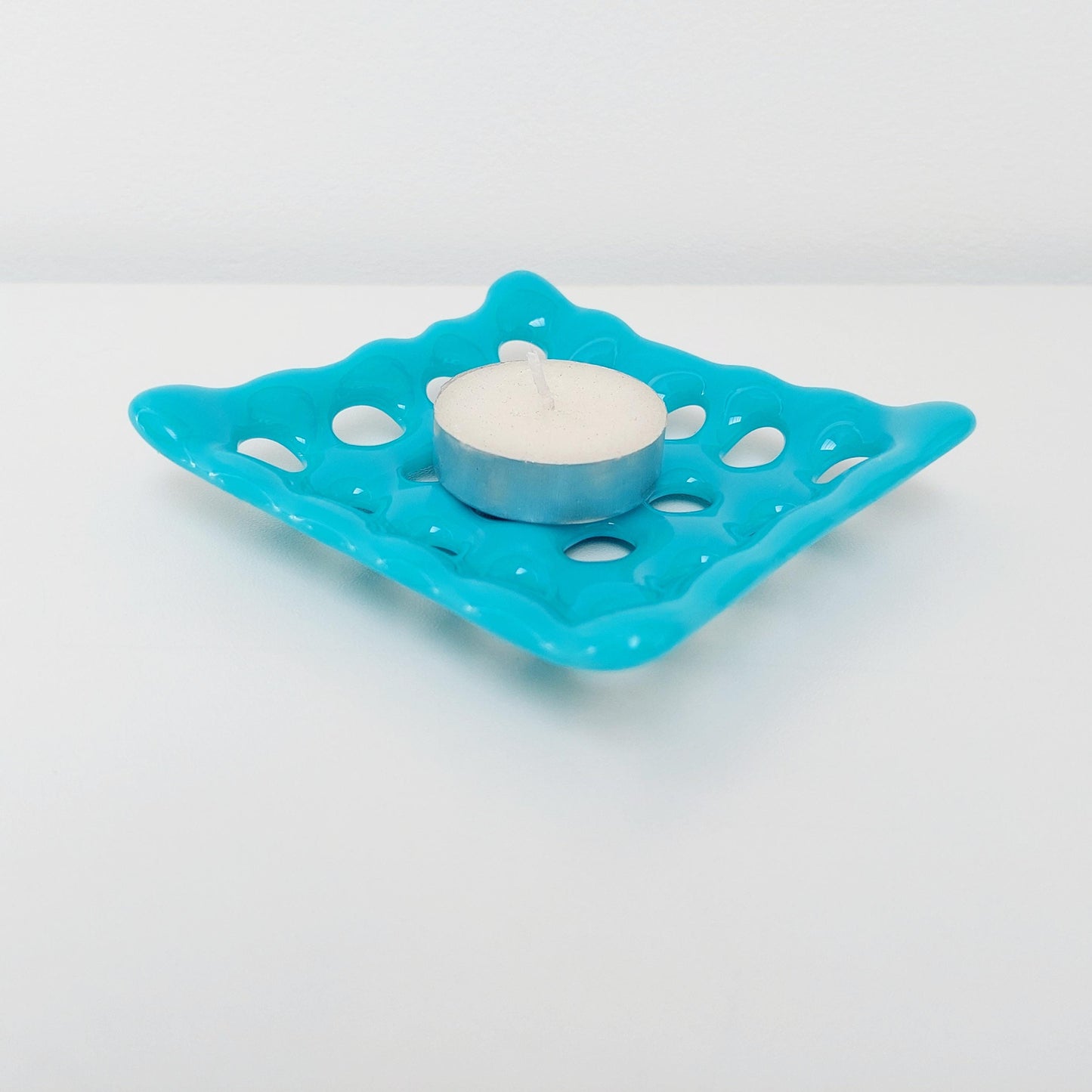 Pastel Turquoise Glass Soap Dish with Holes, Small Handcrafted Organic Fused Glass Art Tray, Unusual Candle Stand, Turquoise Bathroom Décor