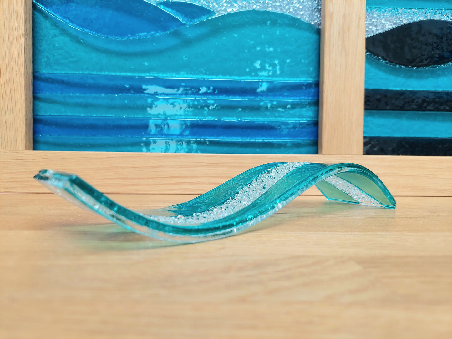 Abstract Aqua Glass Art Wave, Handmade Sea Green Fused Glass Ornament, Minimalist Freestanding Suncatcher, Contemporary Aqua Bathroom Décor