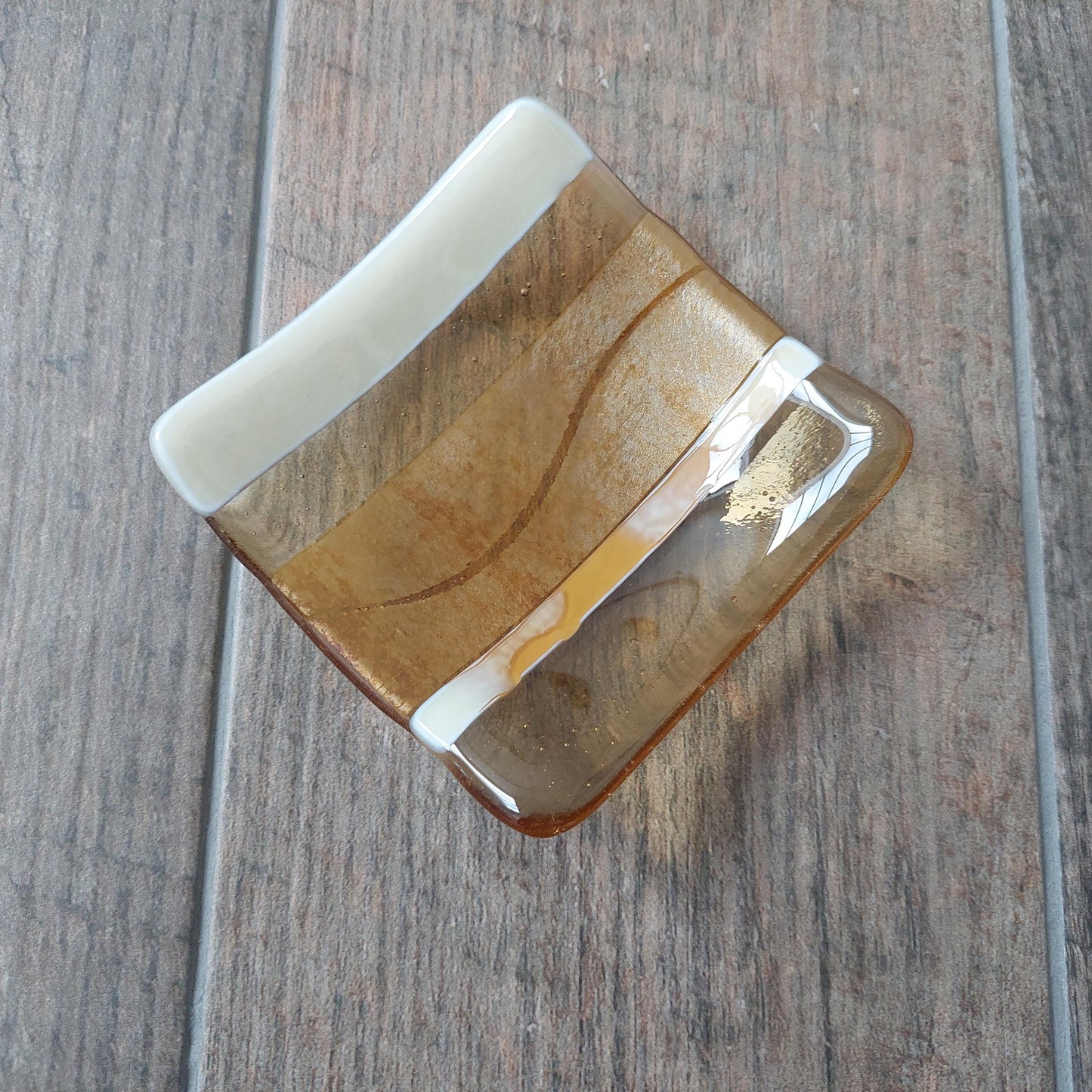 Gold and Cream Trinket Dish, Handmade Fused Glass Art Jewellery Bowl, Small Artisan Bedside Table Dish, Gold Bedroom Décor, Unusual Key Bowl