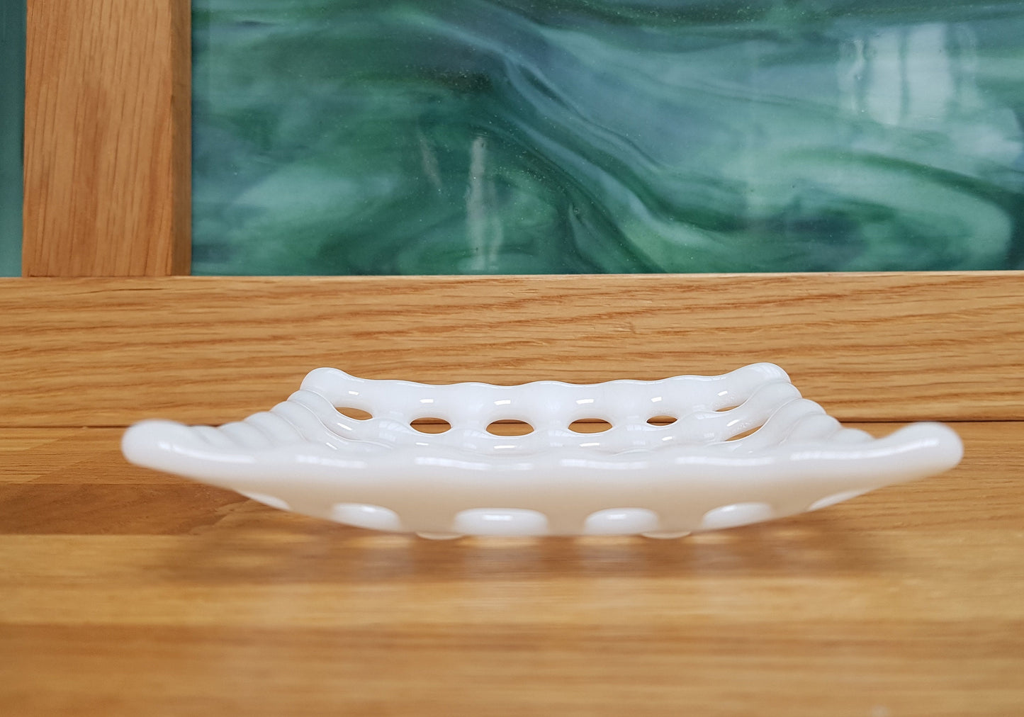 Handmade White Glass Soap Dish with Holes, Monochrome Bathroom Decor