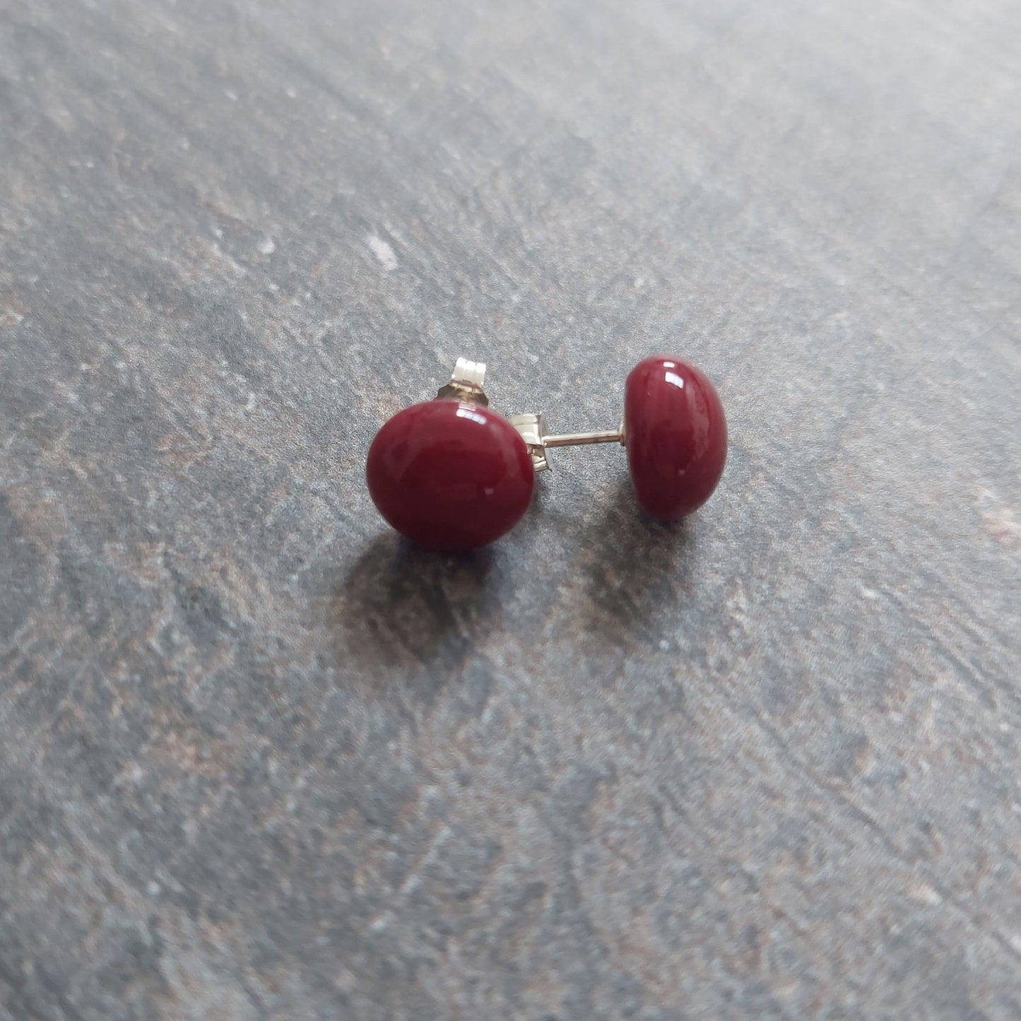 Dark Red Fused Glass Stud Earrings with Sterling Silver Posts and Butterfly Closures, Handmade Minimalist Red Studs, Artisanal Red Studs