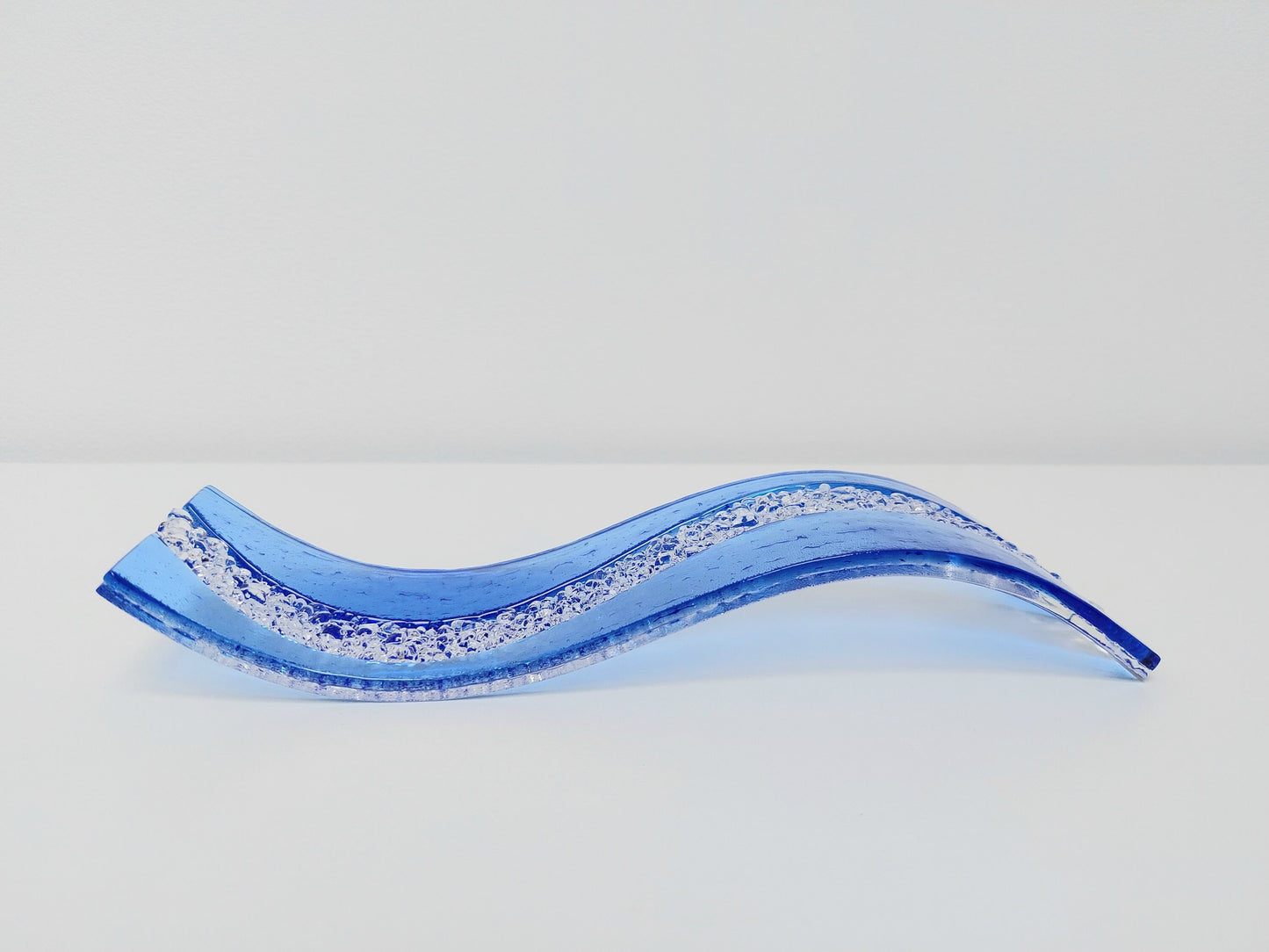 Sky Blue Glass Art Ornament, Handmade Light Blue and Crystal Clear Textured Glass Wave, Minimalist Blue Shelf Ornament, Blue Bathroom Décor