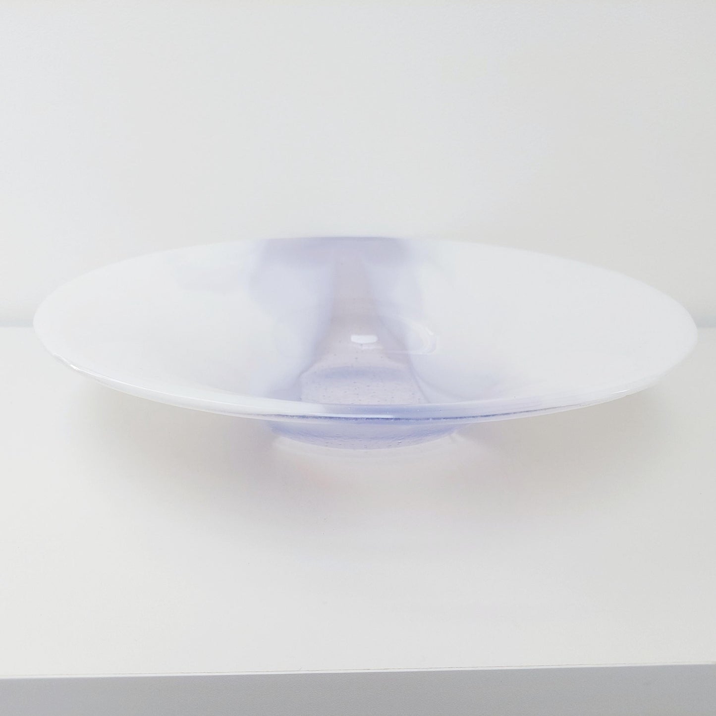 Large Lilac Glass Art Bowl, Handmade White Kiln Formed Bowl with a Light Purple Cascade, Contemporary Fruit Bowl, Artisanal Wedding Gift