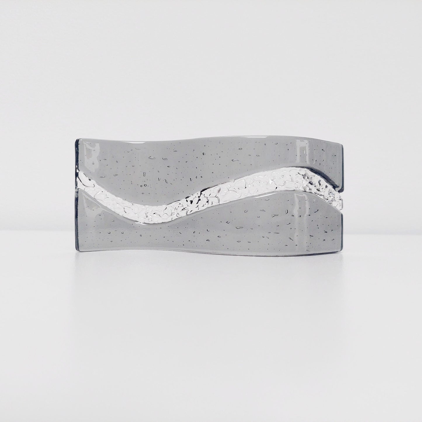 Small Minimalist Grey Glass Wave, Handmade Freestanding Textured Glass Art Panel, Silver Grey Mantlepiece Ornament, Grey Living Room Décor