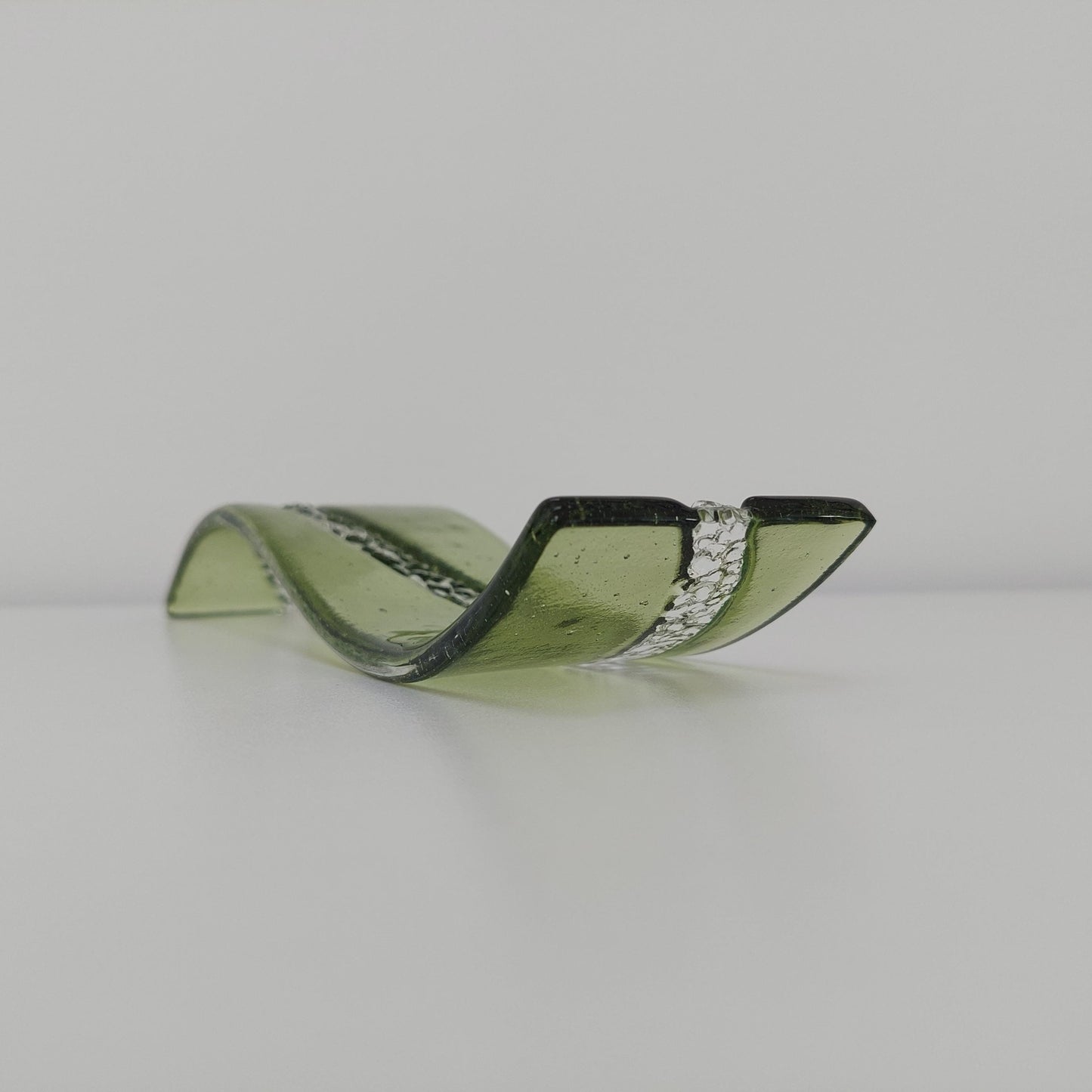 Fern Green Glass Art Wave, Handmade Natural Green Fused Glass Shelf Ornament with Crushed Crystal Clear Glass Accents, Natural Green Décor