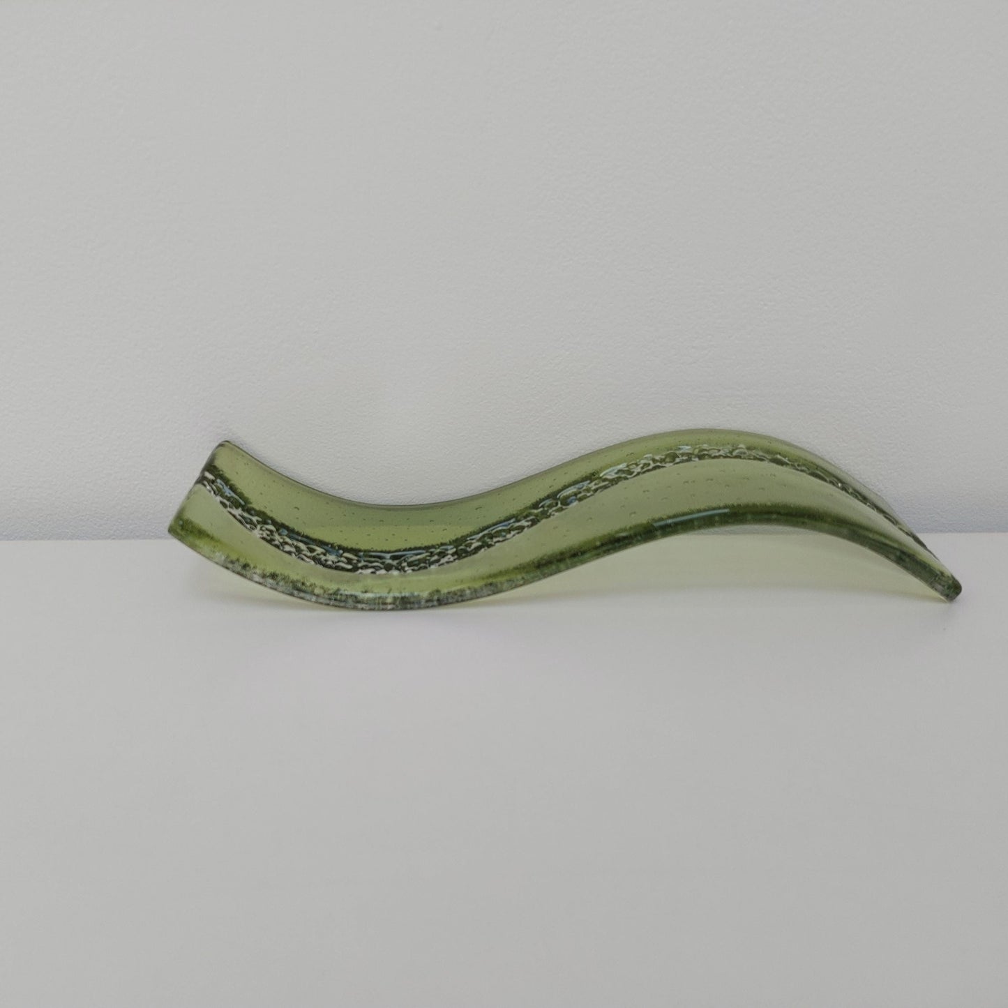 Fern Green Glass Art Wave, Handmade Natural Green Fused Glass Shelf Ornament with Crushed Crystal Clear Glass Accents, Natural Green Décor