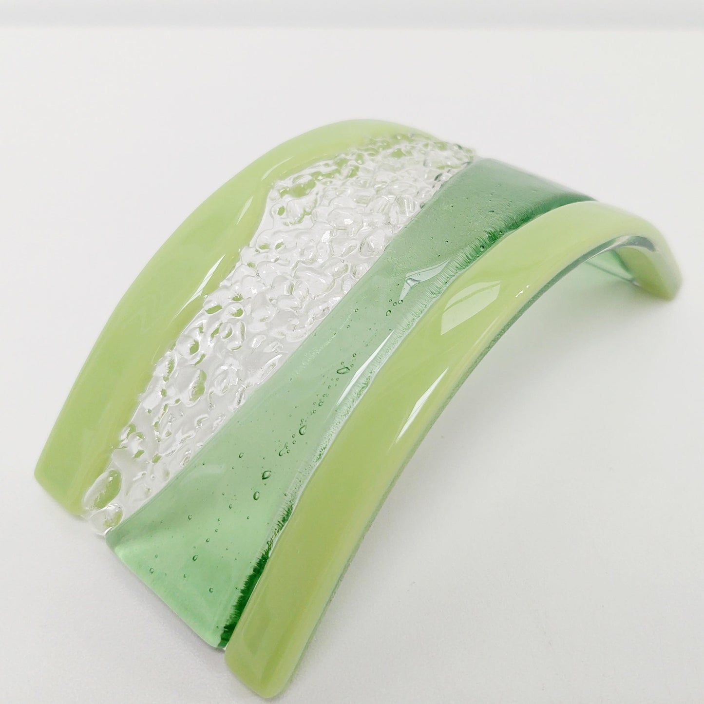 Lime Green Glass Art Curve, Handmade Leaf and Lime Green Fused Glass Windowsill Ornament, Freestanding Suncatcher, Green Living Room Décor
