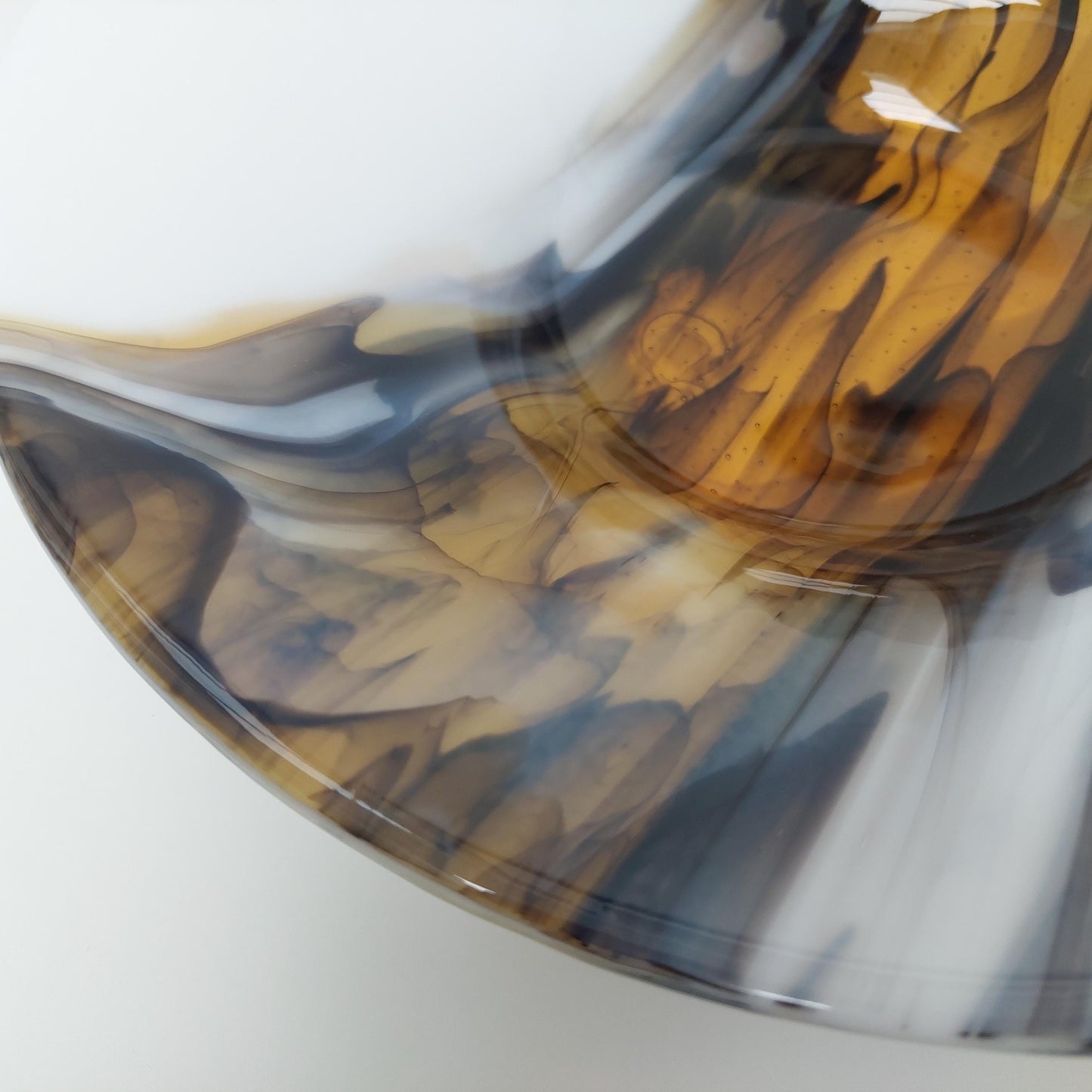 Golden Cascade Glass Art Bowl, Large Handcrafted White Kiln Formed Bowl with an Abstract Gold and Black Design, Artisanal Wedding Gift