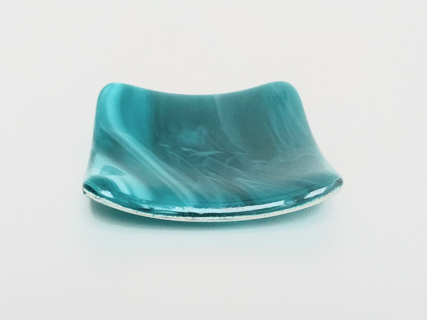 Teal Glass Art Ring Dish, Small Handmade Fused Glass Trinket Dish, Sea Green Glass Earring Bowl, Contemporary Teal Bedroom Décor