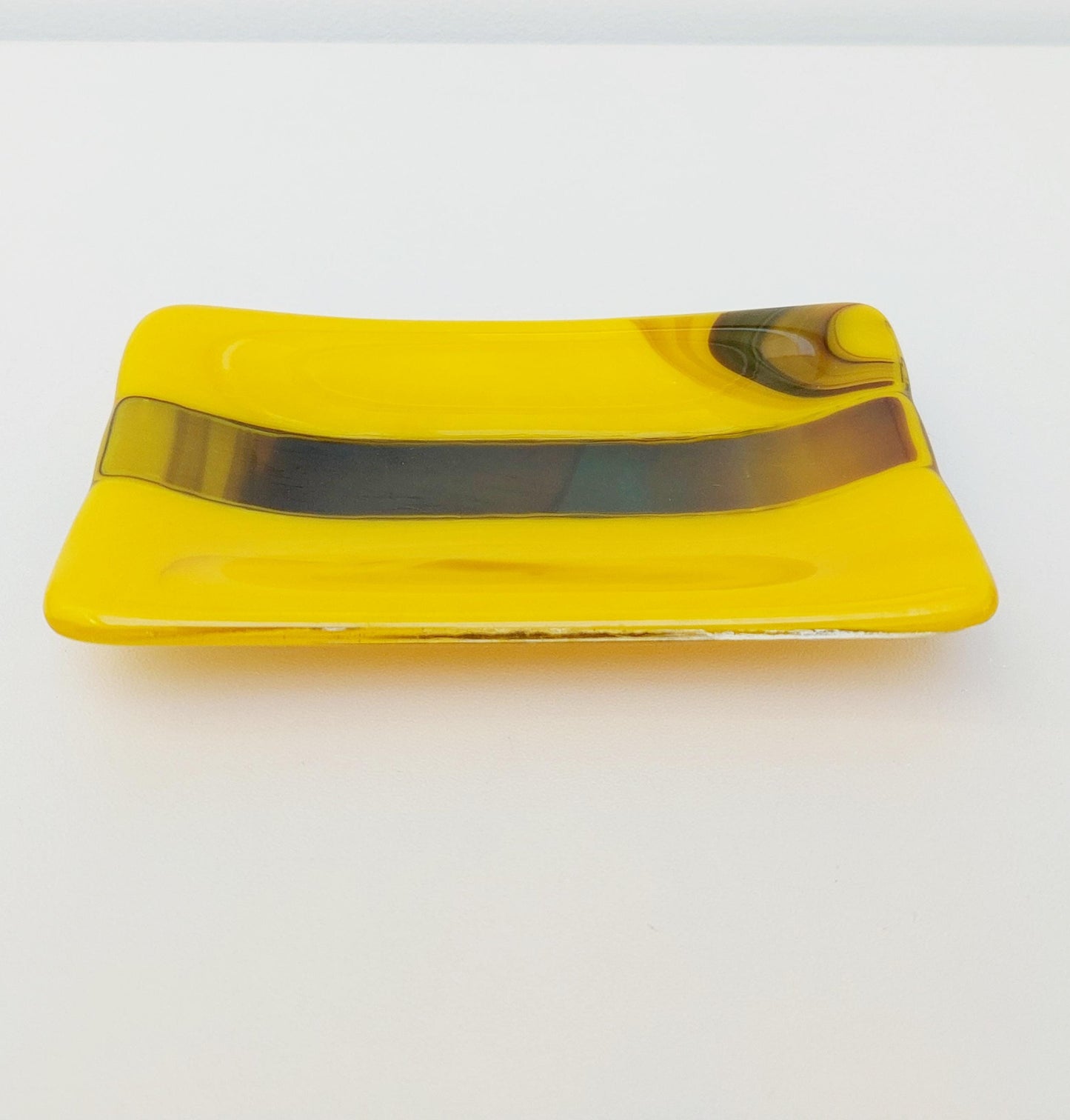 Daffodil Yellow Glass Art Dish, Handmade Yellow and Brown Soap Dish, Yellow Bathroom Décor, Bedside Table Trinket Dish, Yellow Bedroom Décor