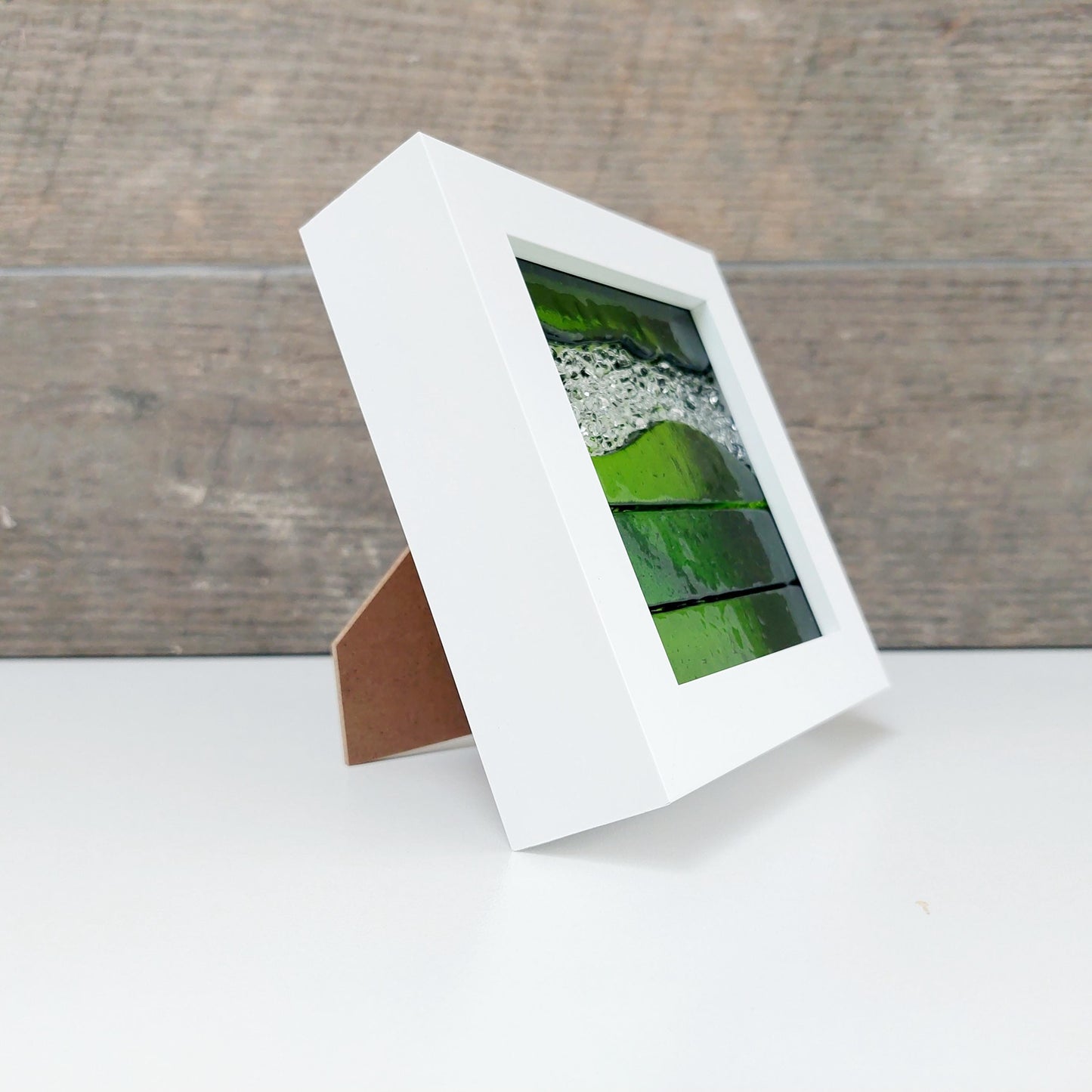 Artisan Green Glass Art Picture, Small Lime and Aventurine Green Fused Glass Framed Picture, Mantlepiece Picture, Green Living Room Décor