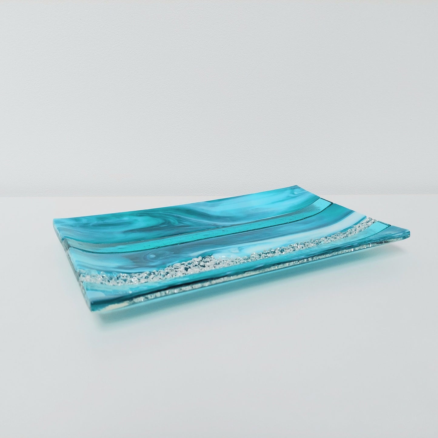 Teal and Aqua Glass Art Plate, Handmade Textured Fused Glass Decorative Tray, Artisan Teal Coffee Table Centrepiece, Beach House Décor
