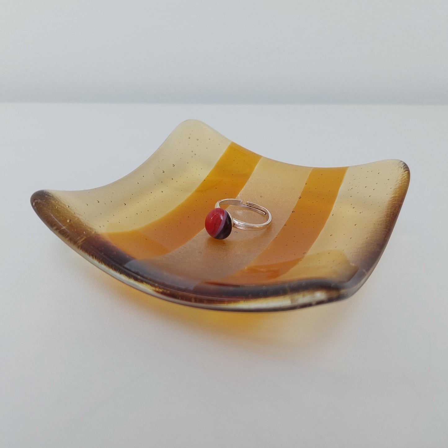 Amber Glass Art Trinket Dish, Opulent Handmade Fused Glass Jewellery Bowl, Small Artisanal Bedside Table Dish, Luxurious Amber Bedroom Décor