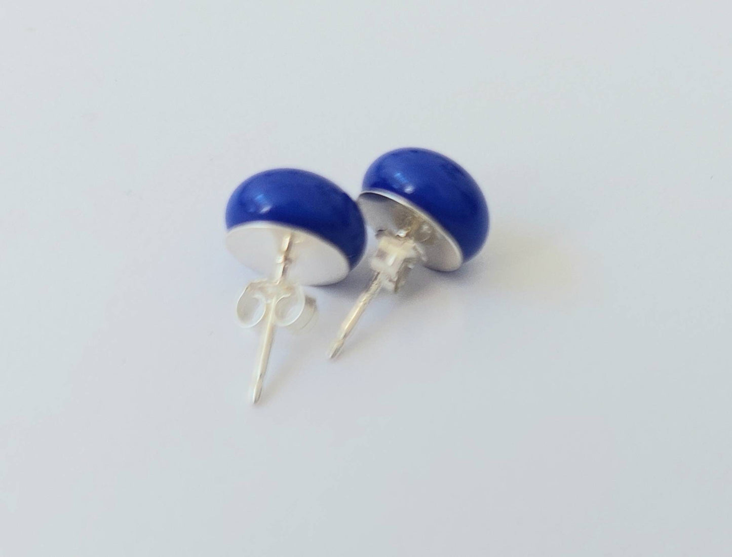Cobalt Blue Glass Stud Earrings, Handmade Dark Blue Fused Glass Studs with 925 Sterling Silver Posts and Butterflies, Elegant Blue Earrings
