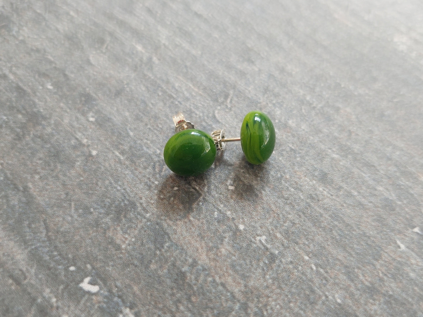 Lime and Aventurine Green Glass Stud Earrings, Handcrafted Dark Lime Fused Glass Art Studs with Sterling Silver Posts and Butterfly Closures
