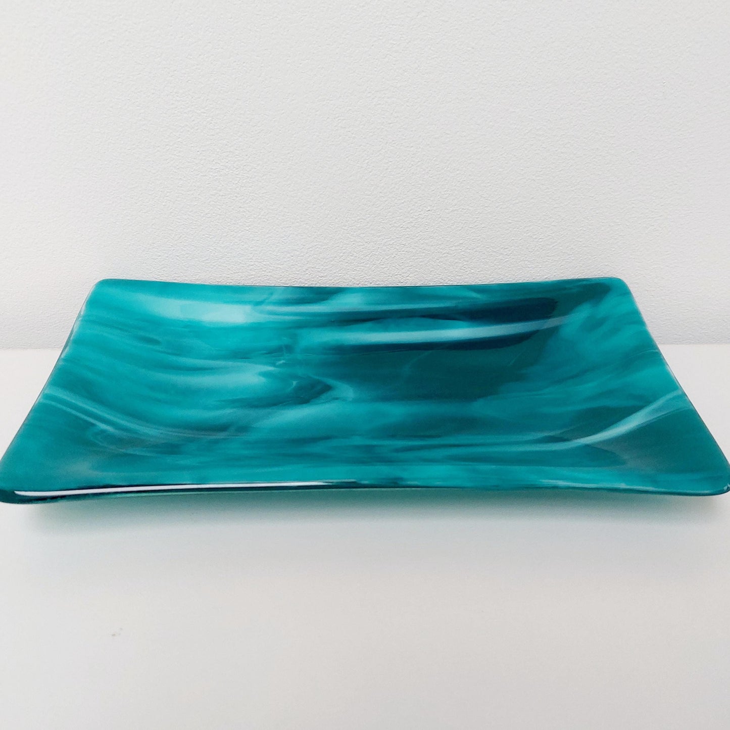 Handmade Teal Fused Glass Platter, Coffee Table Trinket Dish