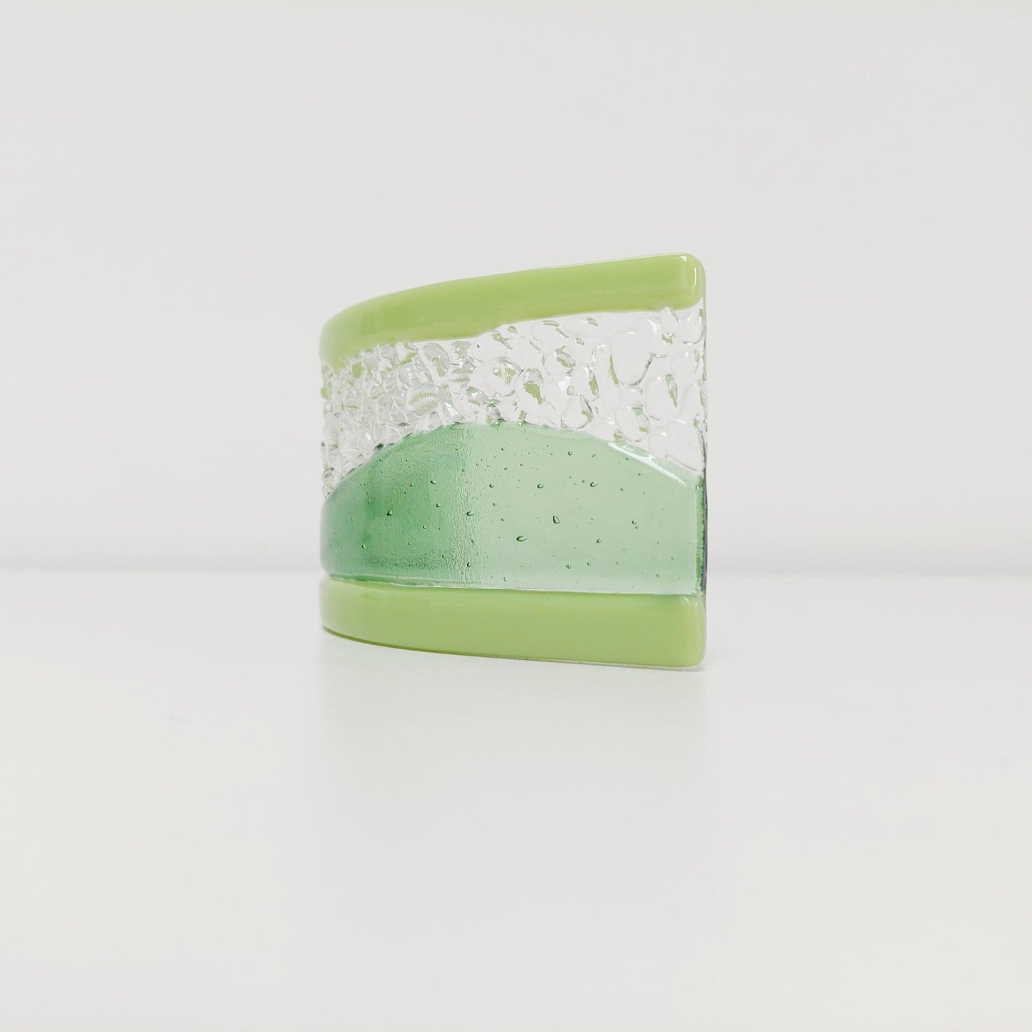 Lime Green Glass Art Curve, Handmade Leaf and Lime Green Fused Glass Windowsill Ornament, Freestanding Suncatcher, Green Living Room Décor