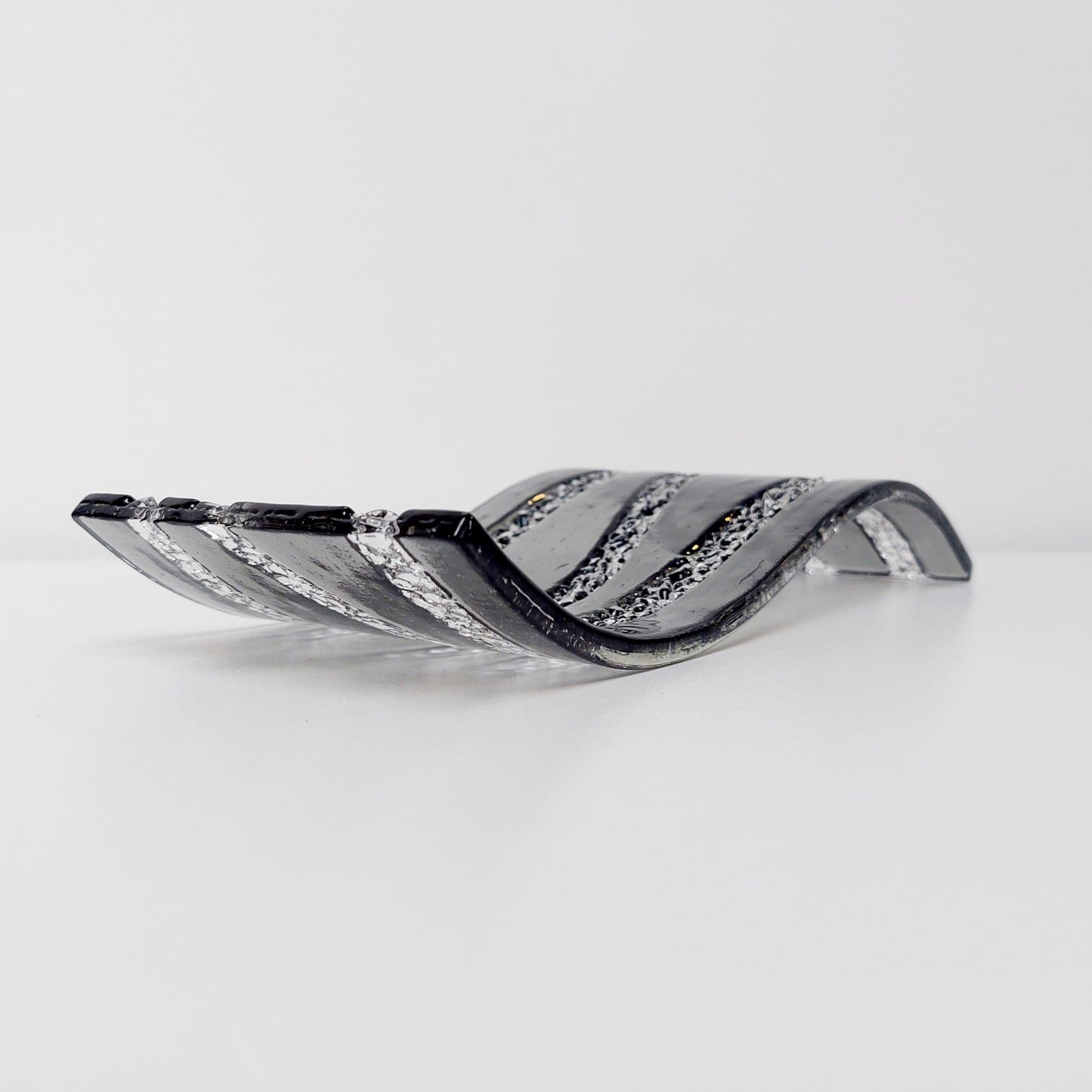 Silver Grey Glass Art Wave, Monochrome Mantlepiece Ornament