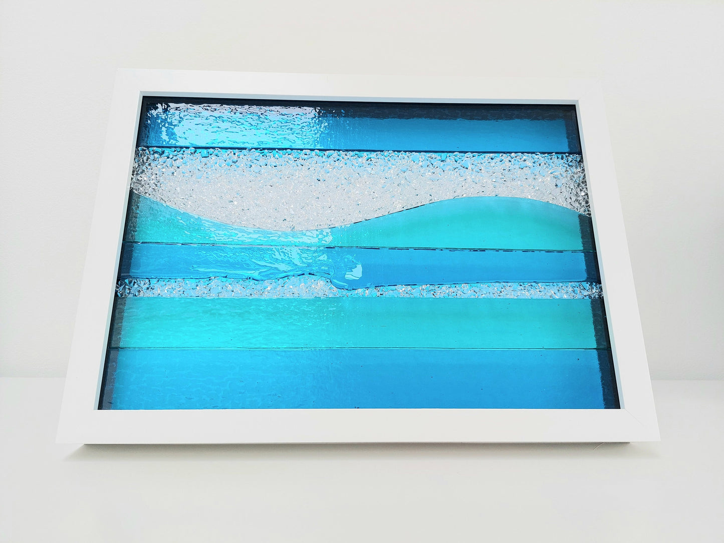 Summer in Keswick Glass Art Framed Picture, Large Handmade Aqua and Turquoise Fused Glass Artisan Picture, Glass Wall Art, Beach House Décor
