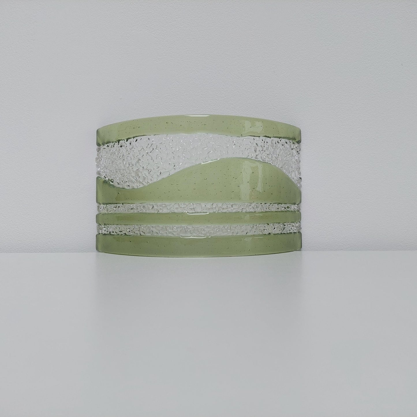 Large Green Glass Art Curve, Handcrafted Fern Green and Crystal Clear Fused Glass Mantlepiece Ornament, Natural Green Living Room Décor