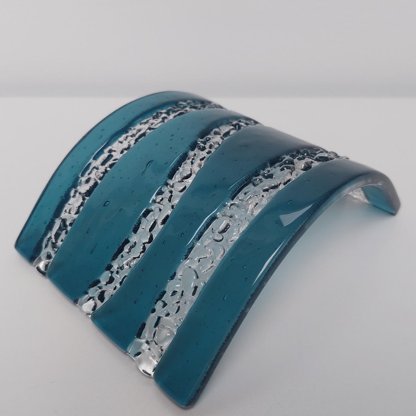 Abstract Sea Blue Glass Curve, Handmade Fused Glass Mantlepiece Ornament, Sea Blue Living Room Décor, Freestanding Windowsill Suncatcher