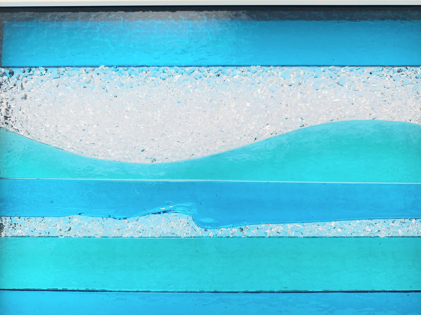 Summer in Keswick Glass Art Framed Picture, Large Handmade Aqua and Turquoise Fused Glass Artisan Picture, Glass Wall Art, Beach House Décor