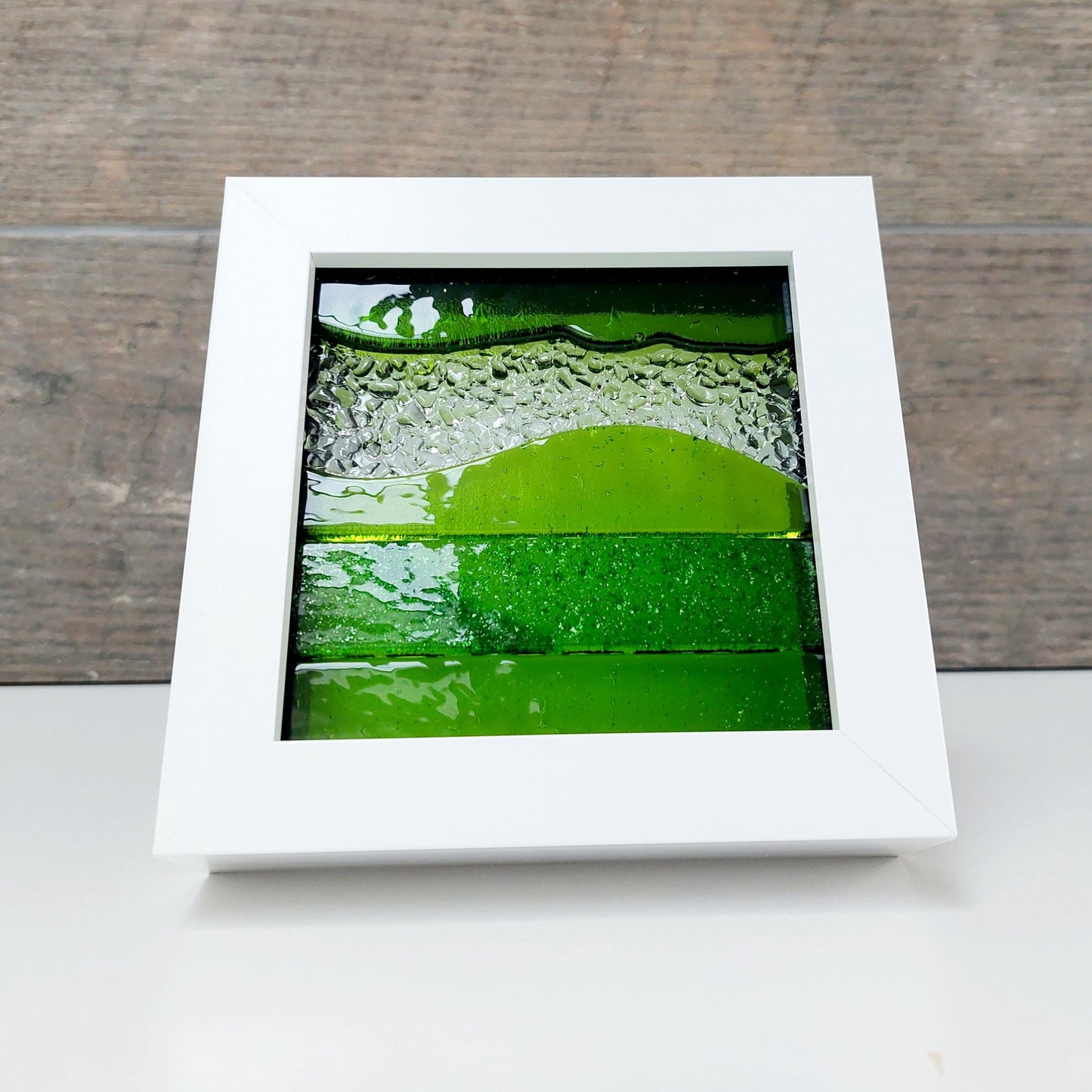 Artisan Green Glass Art Picture, Small Lime and Aventurine Green Fused Glass Framed Picture, Mantlepiece Picture, Green Living Room Décor