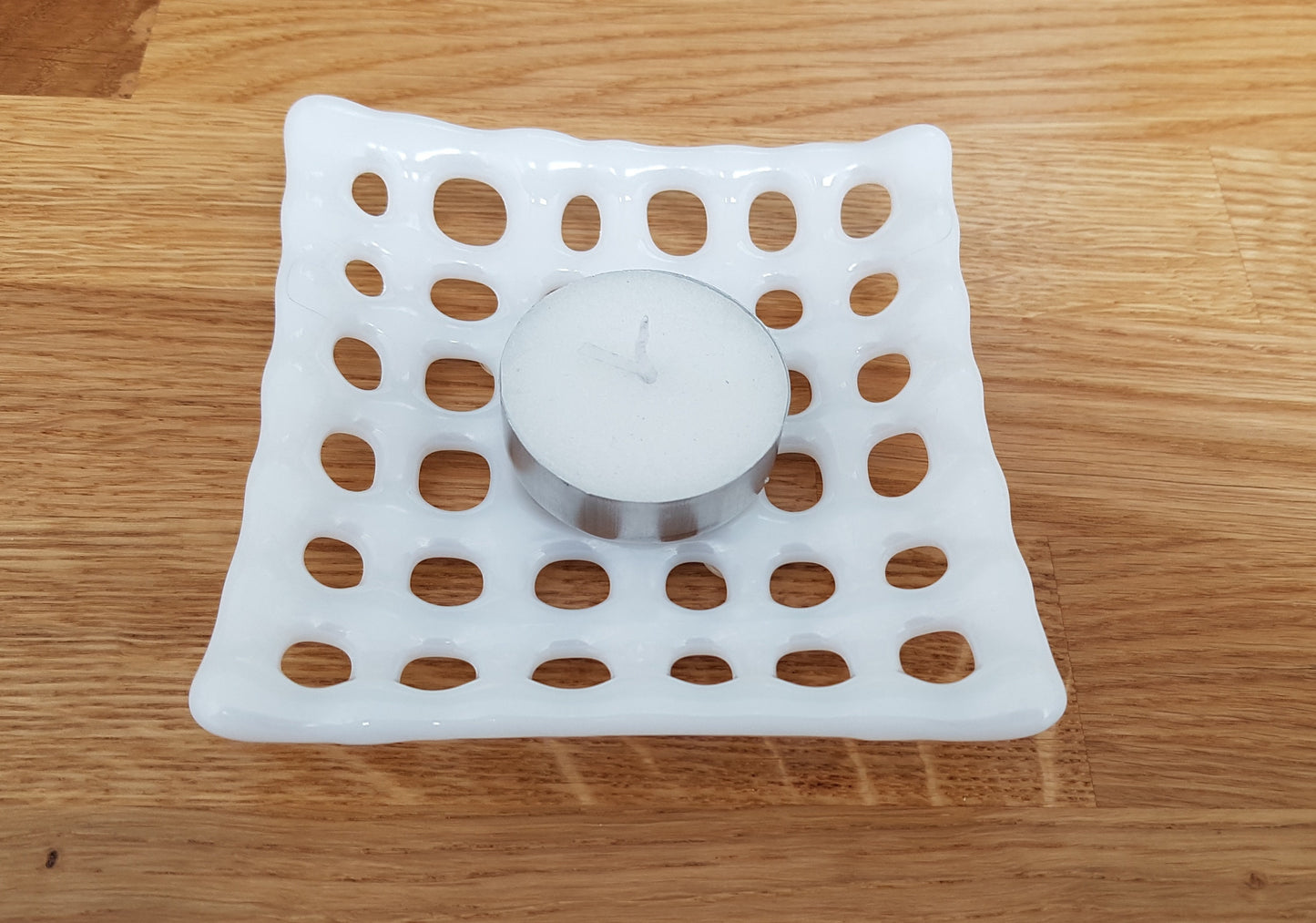 Handmade White Glass Soap Dish with Holes, Monochrome Bathroom Decor