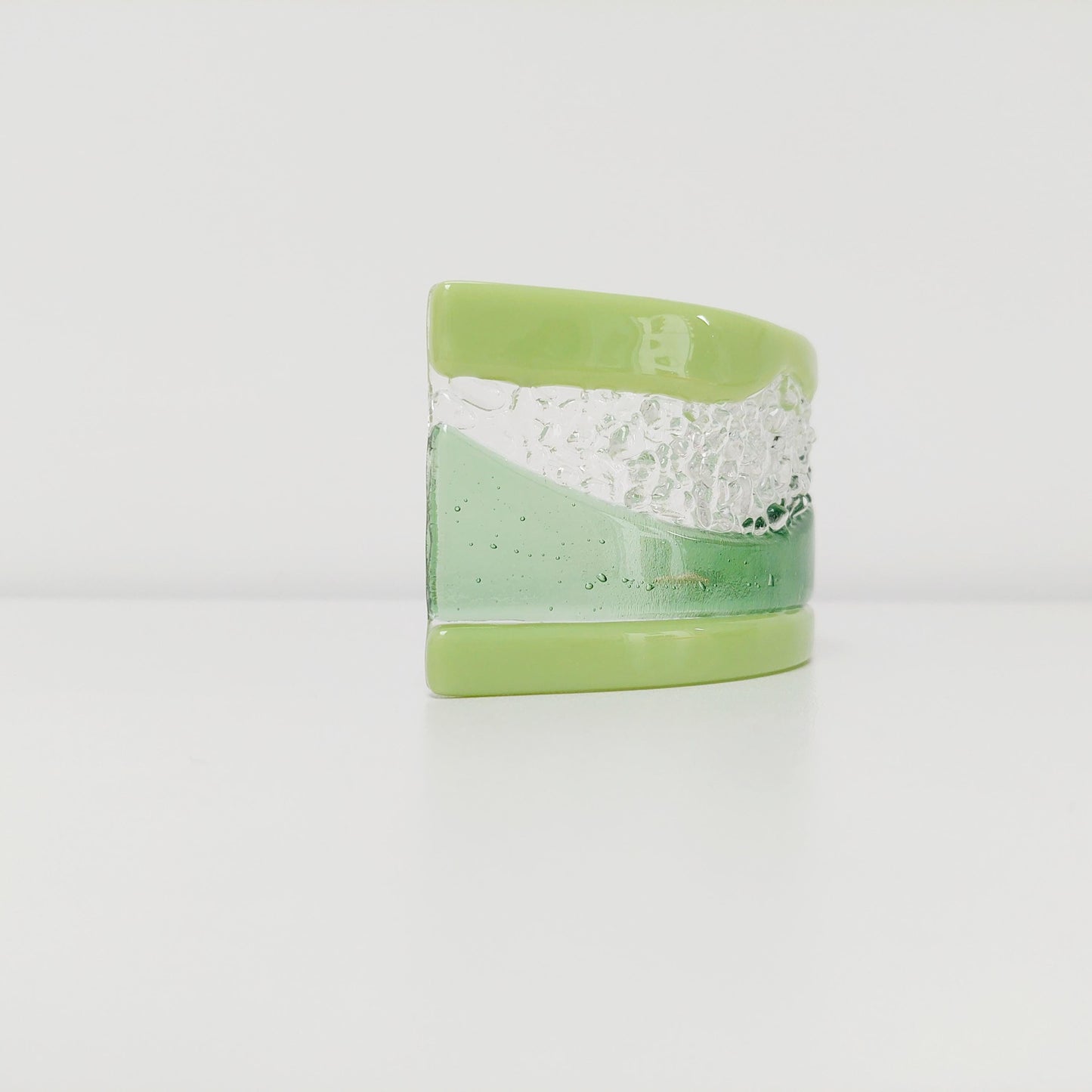 Lime Green Glass Art Curve, Handmade Leaf and Lime Green Fused Glass Windowsill Ornament, Freestanding Suncatcher, Green Living Room Décor