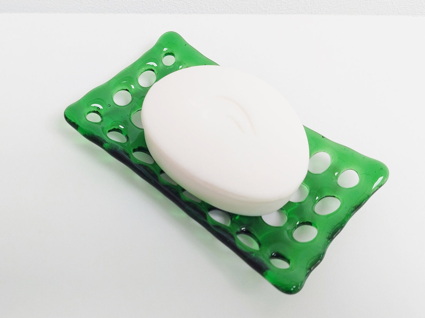 Rectangular Green Glass Soap Dish with Holes, Light Green Bathroom Decor