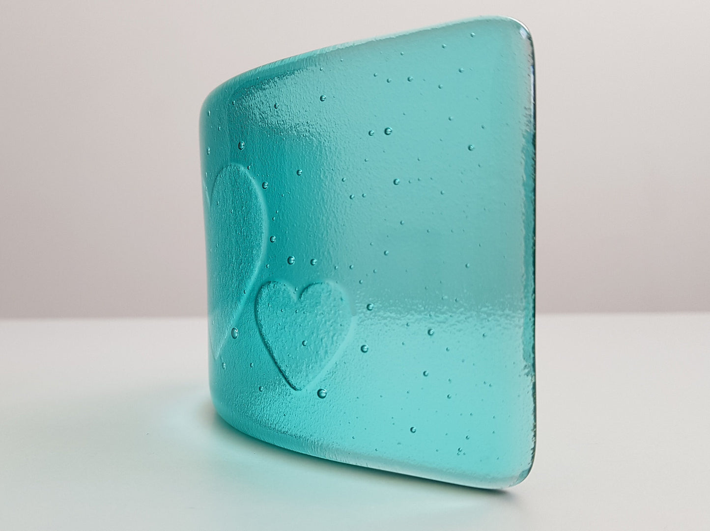 Aqua Glass Heart Ornament, Handmade Fused Glass Curve