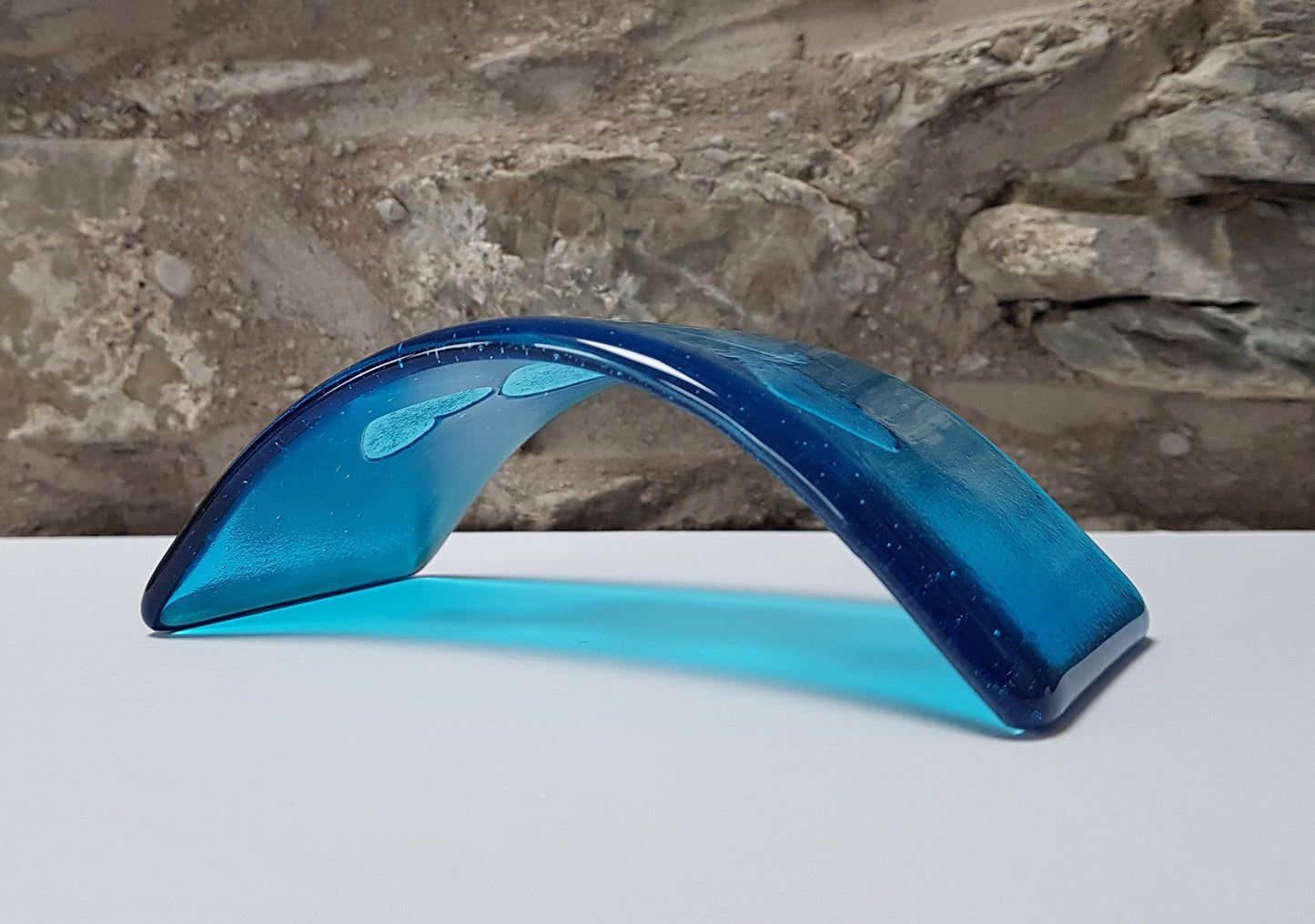 Turquoise Glass Heart Curve, Handmade Blue Glass Art Ornament with a Trio of Kiln Carved Hearts, Blue Decor, Love in the Lakes Collection
