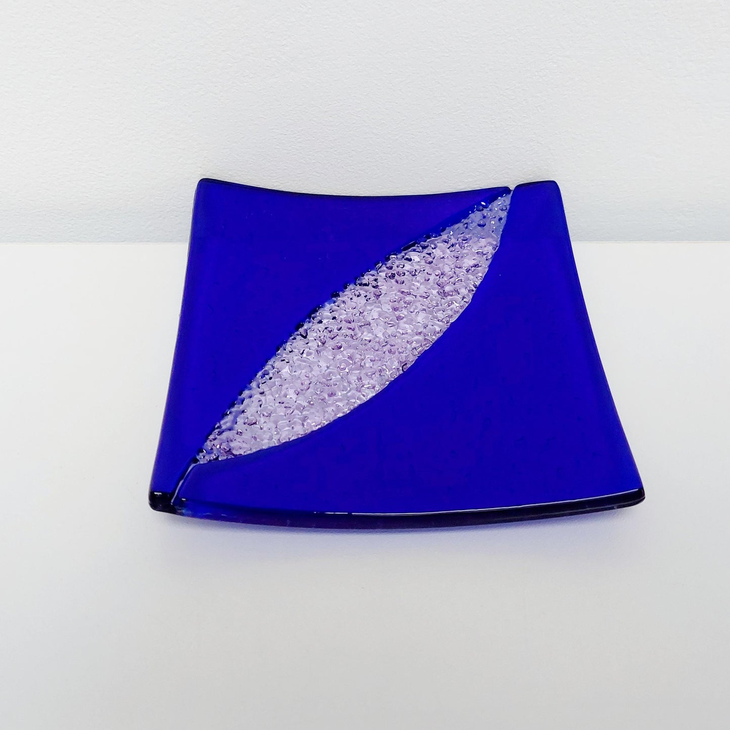 Cobalt and Lilac Glass Art Plate, Small Decorative Coffee Table Tray, Unusual Handmade Textured Glass Trinket Dish, Blue Living Room Décor