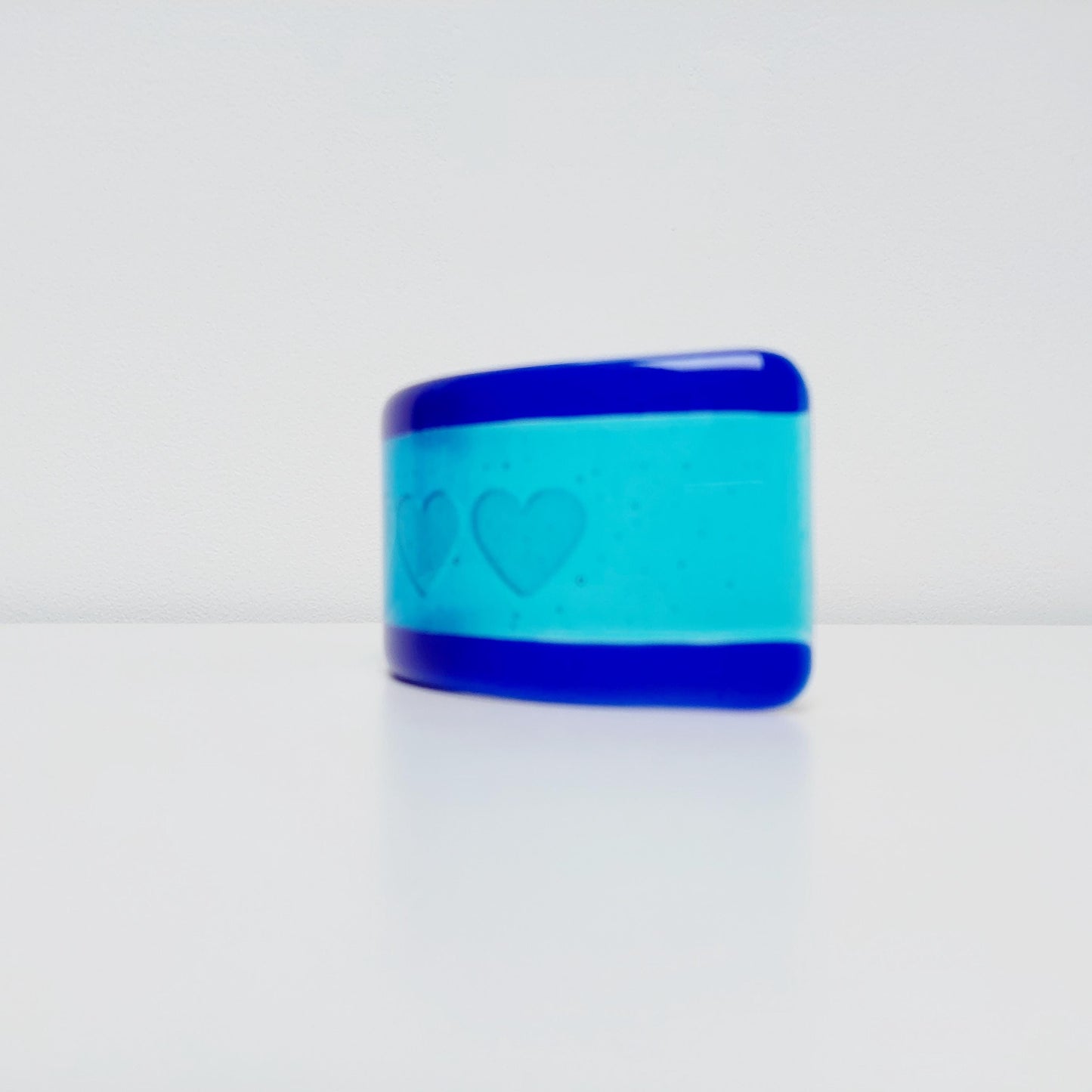 Turquoise Glass Heart Curve with Cobalt Accents, Handmade Blue Glass Art Ornament with a Trio of Kiln Carved Hearts, Turquoise Décor