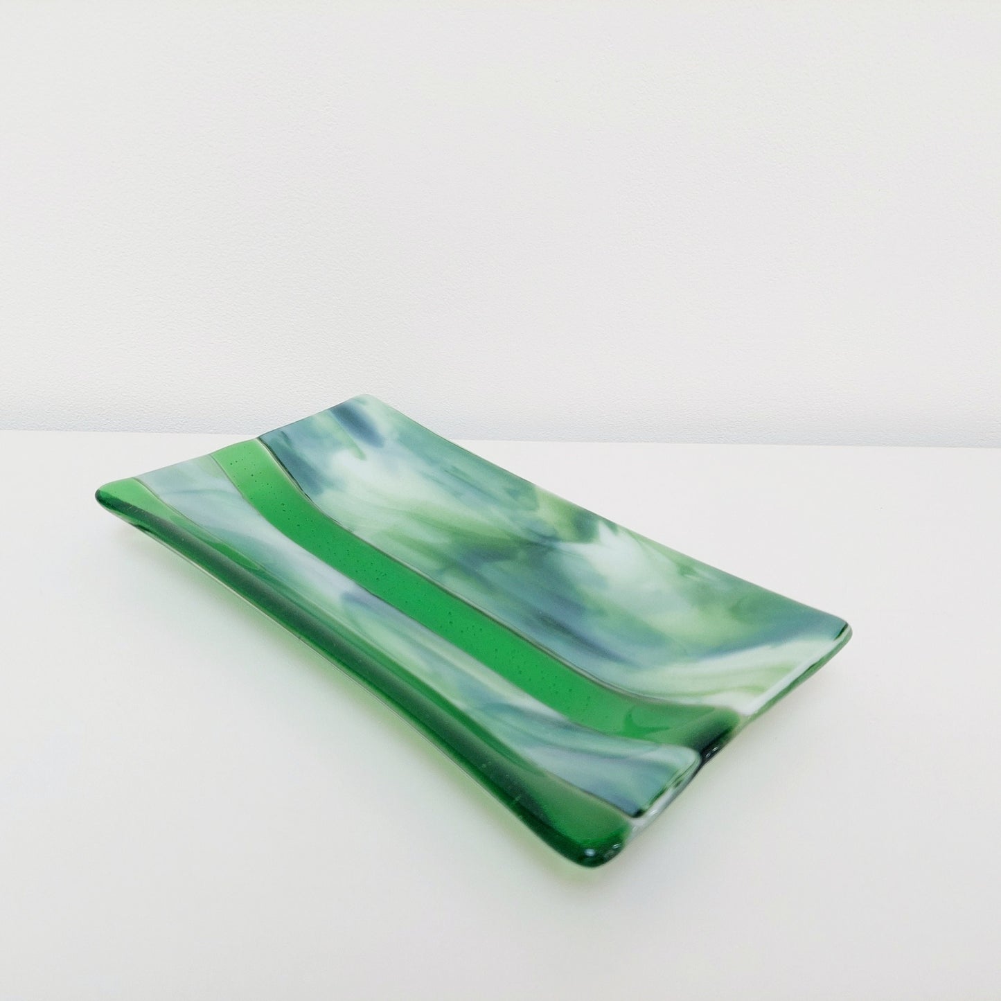Spring in the Lakes Green Glass Art Plate, Handmade Fused Glass Decorative Tray