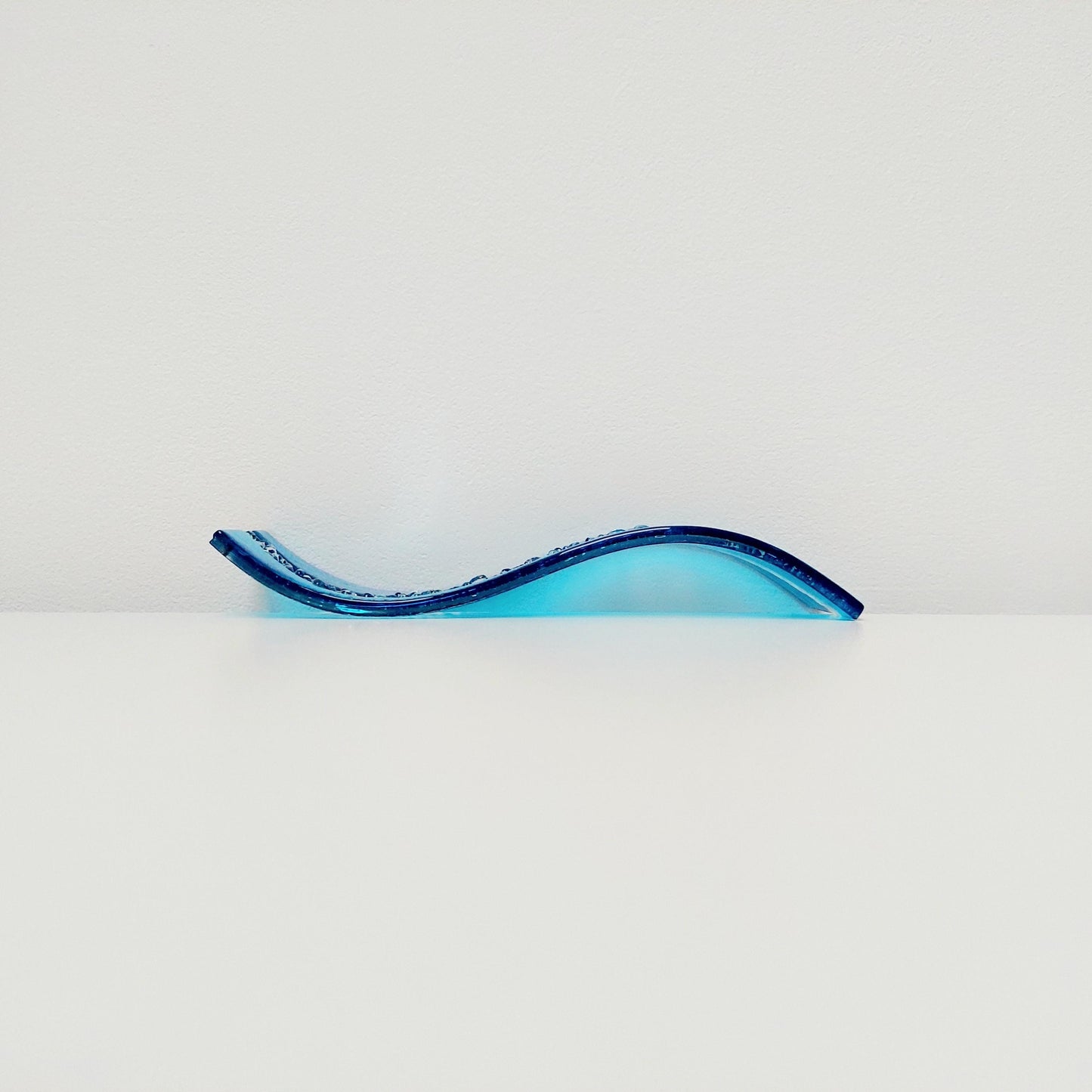 Abstract Turquoise Glass Art Wave, Handmade Turquoise and Crystal Clear Fused Glass Ornament, Minimalist Turquoise Décor, Beach House Décor