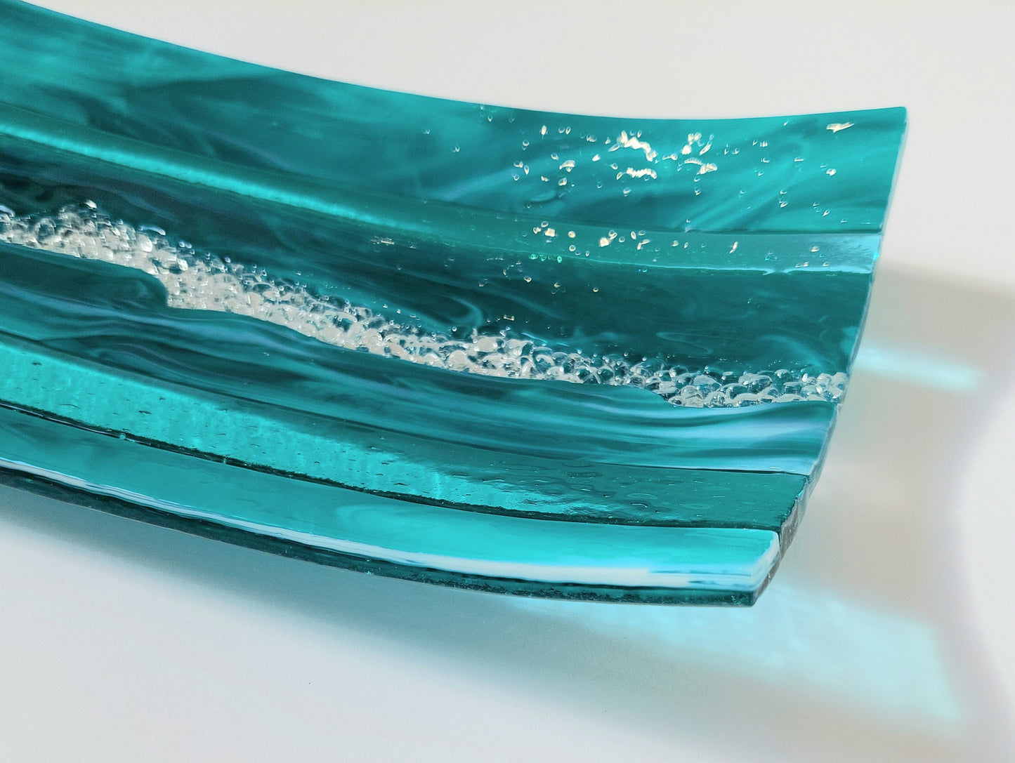 Large Teal Glass Art Plate, Handmade Teal and Aqua Fused Glass Decorative Tray, Teal Living Room Décor, Artisanal Coffee Table Centrepiece