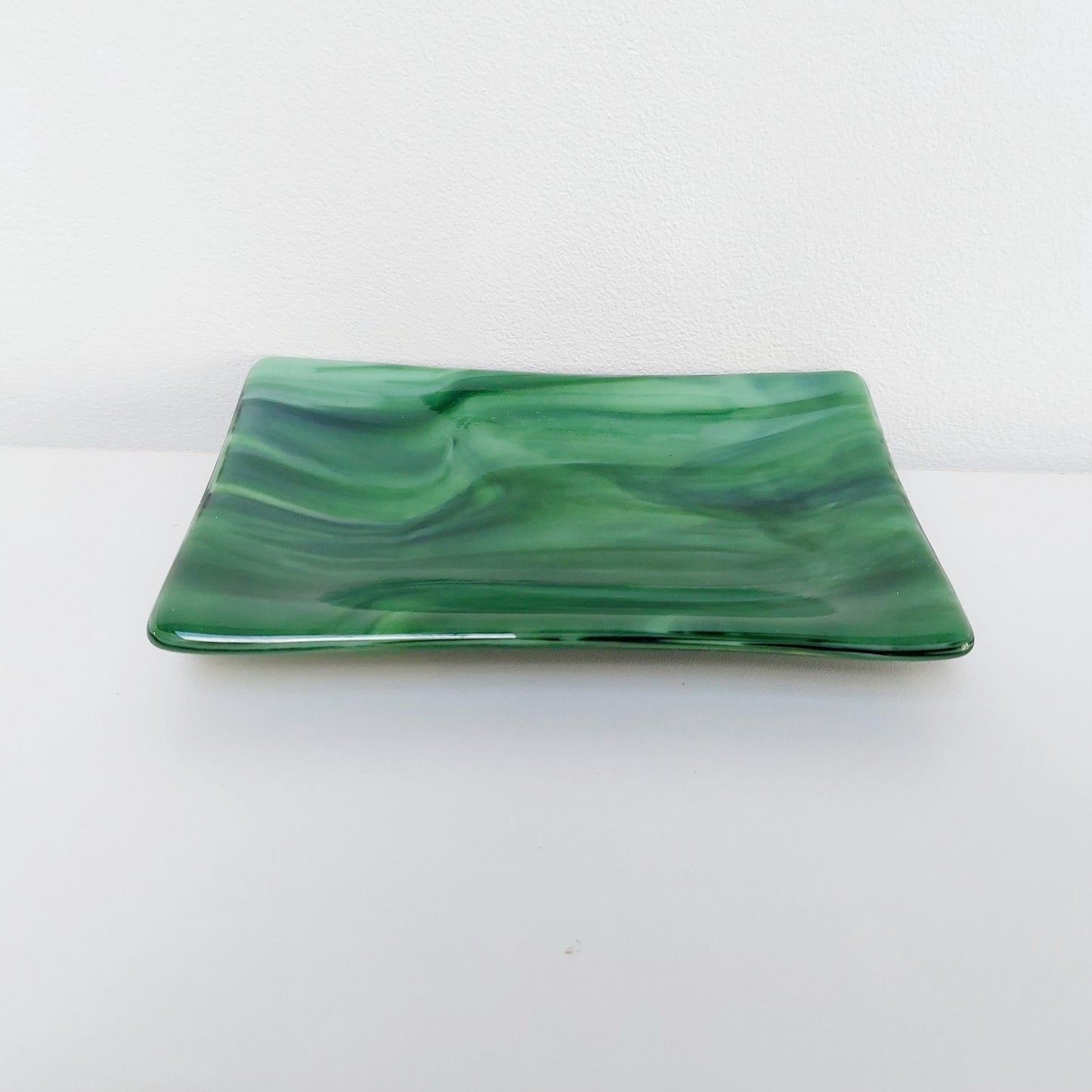 Spring in Grizedale Trinket Dish, Handcrafted Moss and Forest Green Fused Glass Art Coffee Table Plate, Natural Green Living Room Décor