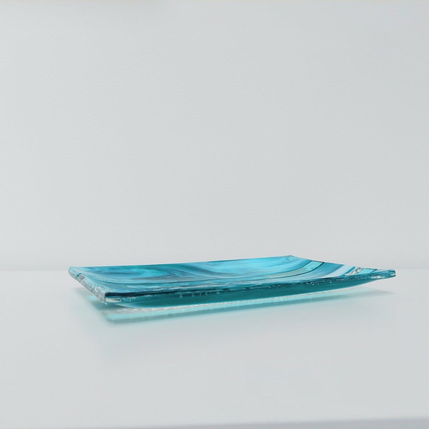 Teal and Aqua Glass Art Plate, Handmade Textured Fused Glass Decorative Tray, Artisan Teal Coffee Table Centrepiece, Beach House Décor