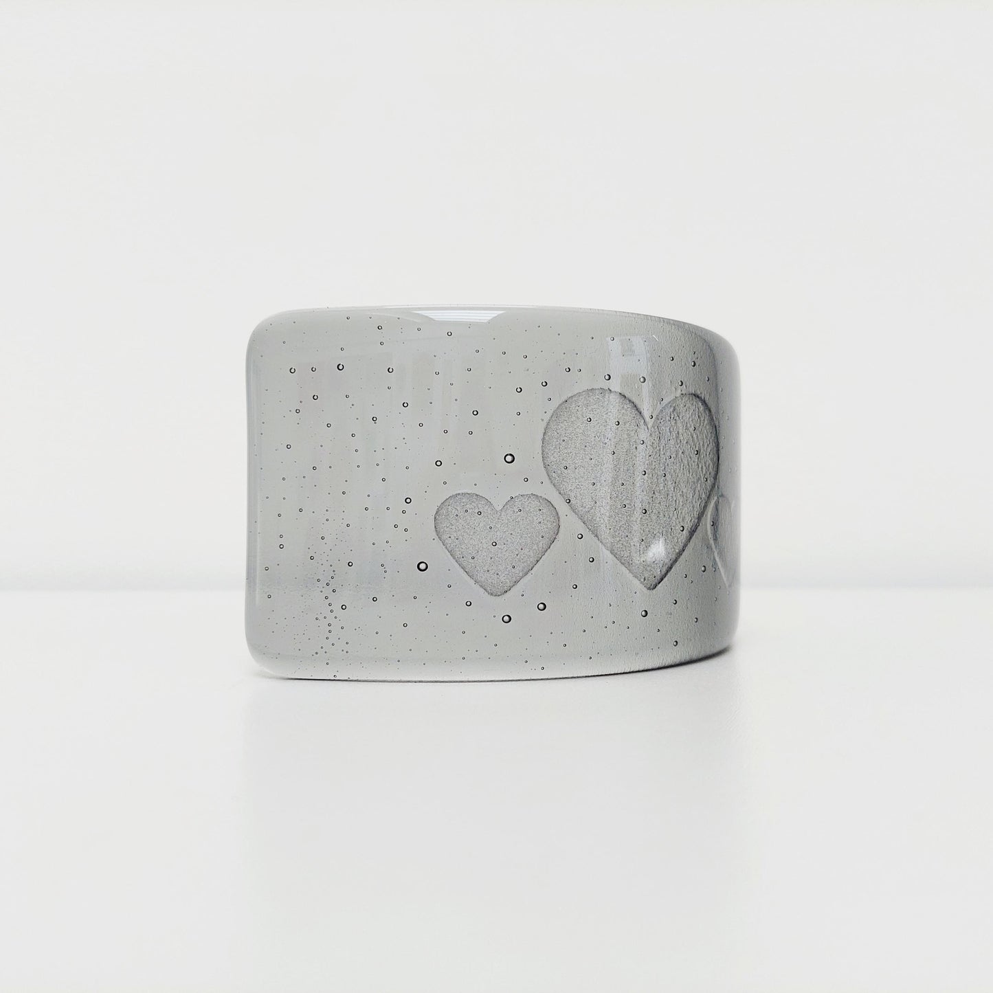 Silver Grey Glass Heart Curve, Handmade Fused Glass Art Ornament with a Trio of Kiln Carved Hearts, Grey Décor, Love in the Lakes Collection