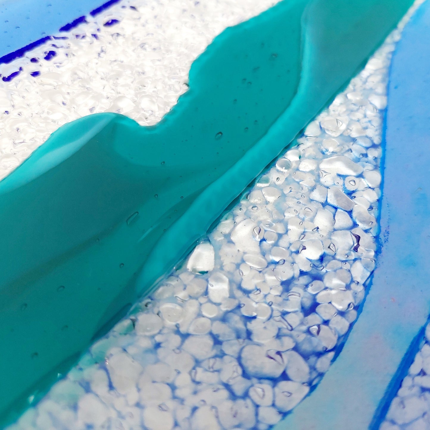 Artisan Teal and Blue Plate, Handmade Textured Fused Glass Art Plate, Teal and Iridescent Sky Blue Decorative Tray, Coffee Table Centrepiece