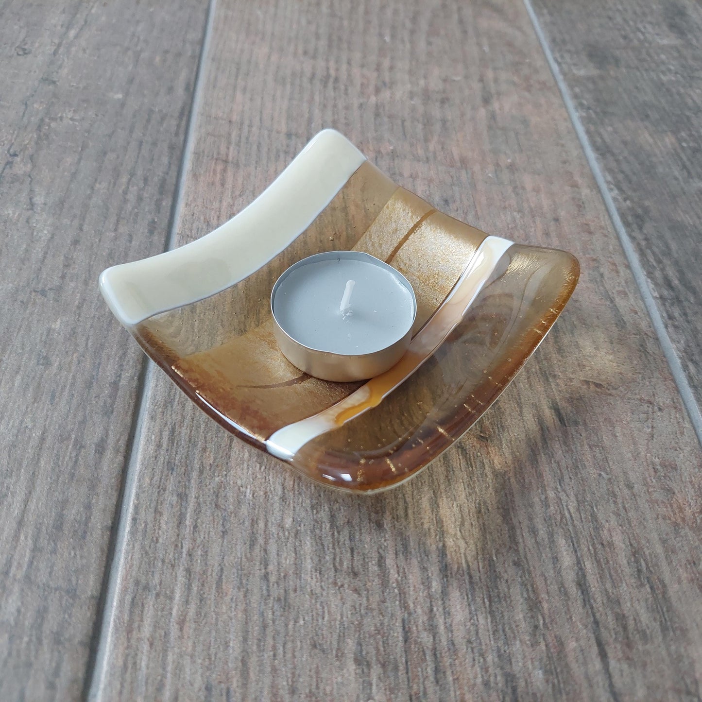 Gold and Cream Trinket Dish, Handmade Fused Glass Art Jewellery Bowl, Small Artisan Bedside Table Dish, Gold Bedroom Décor, Unusual Key Bowl